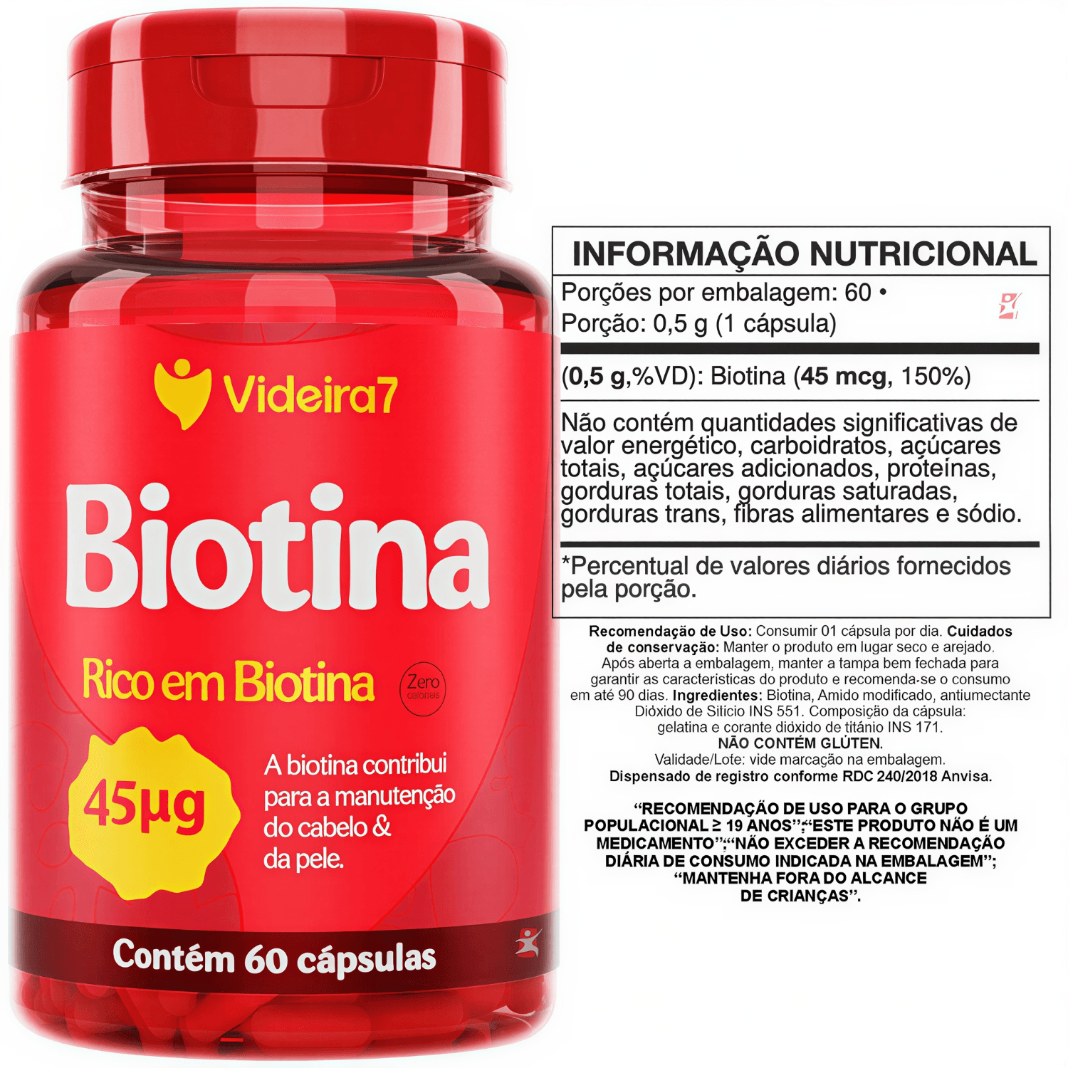 Biotina 45mcg Videira7 60 Cápsulas