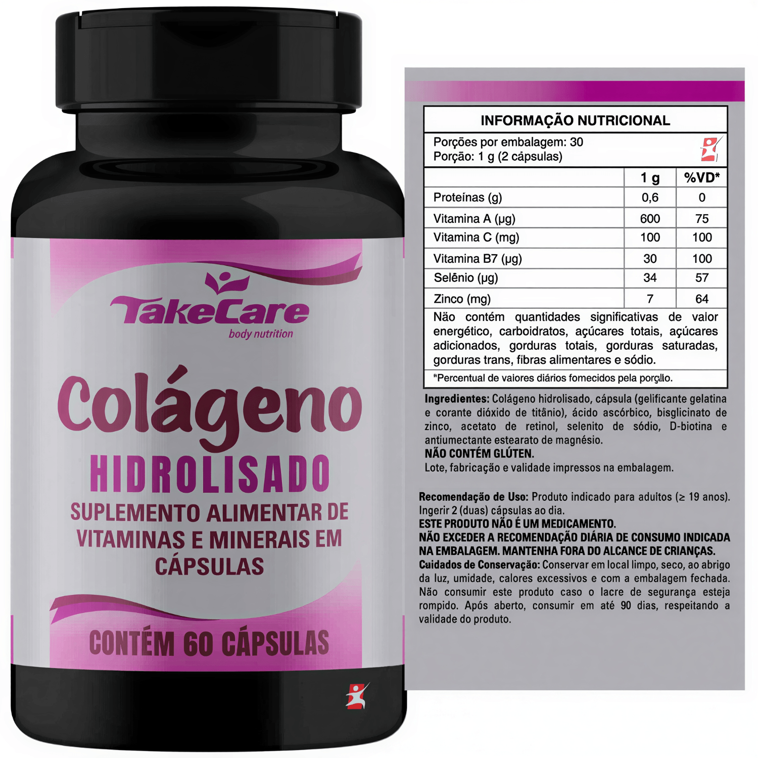 Colágeno Hidrolisado Com Vitaminas E Minerais Take Care 60 Cápsulas