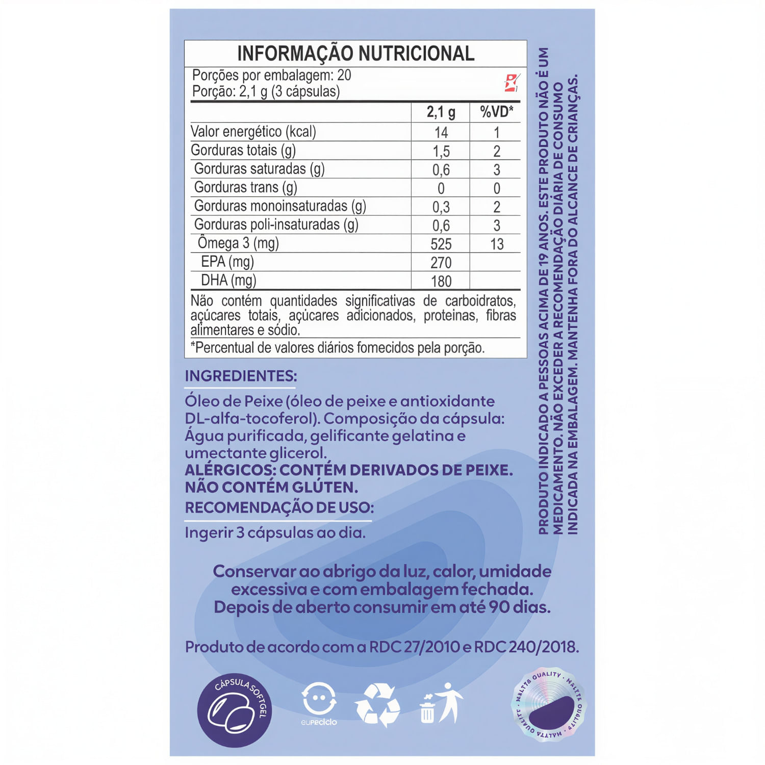 Ômega 3 Óleo de Peixe EPA-DHA Maltta Nutrition 500mg 60 Cápsulas Softgel