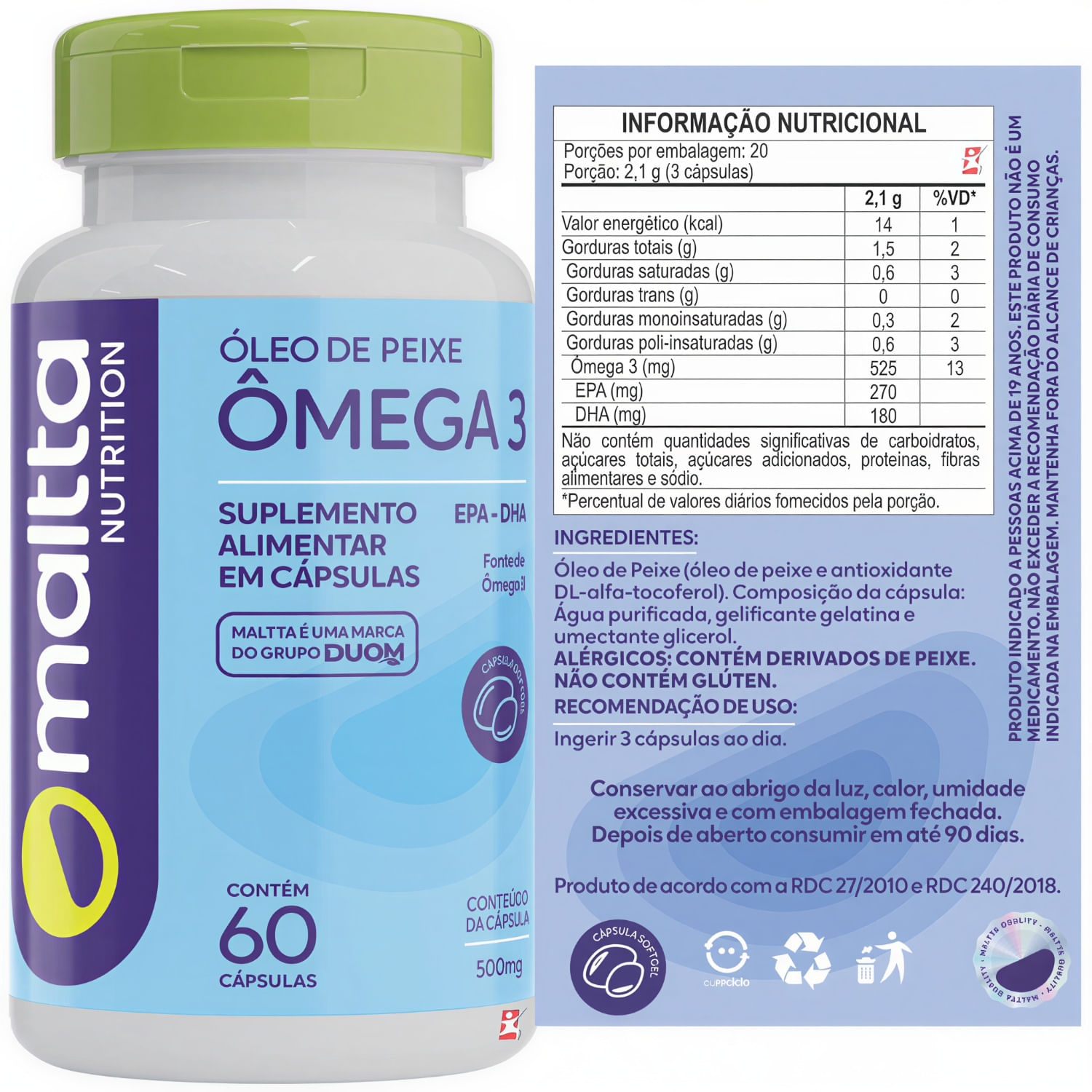 Ômega 3 Óleo de Peixe EPA-DHA Maltta Nutrition 500mg 60 Cápsulas Softgel