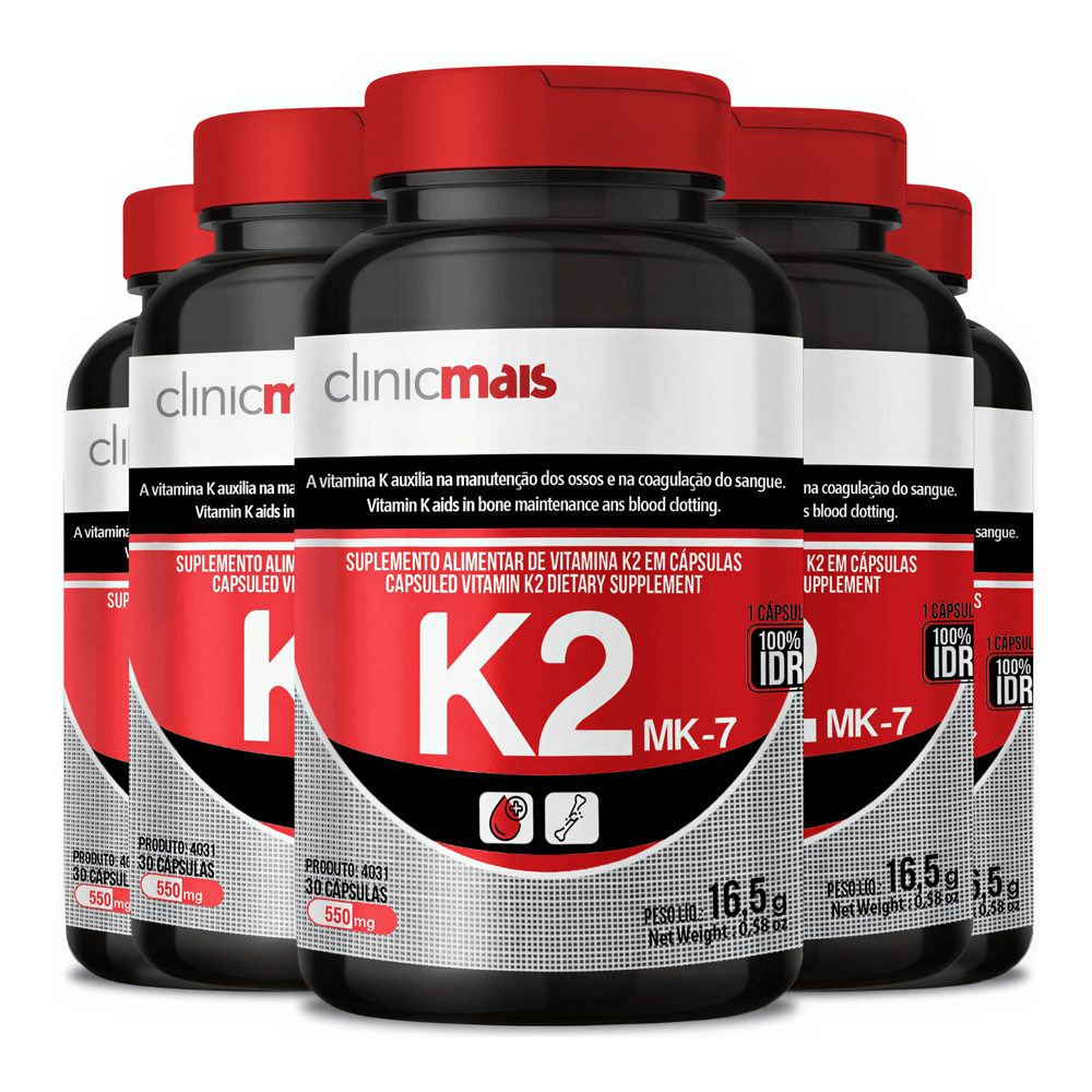 Kit 5 Vitamina K2 Menaquinona-7 Mk-7 Clinicmais 120mcg 30 Cápsulas