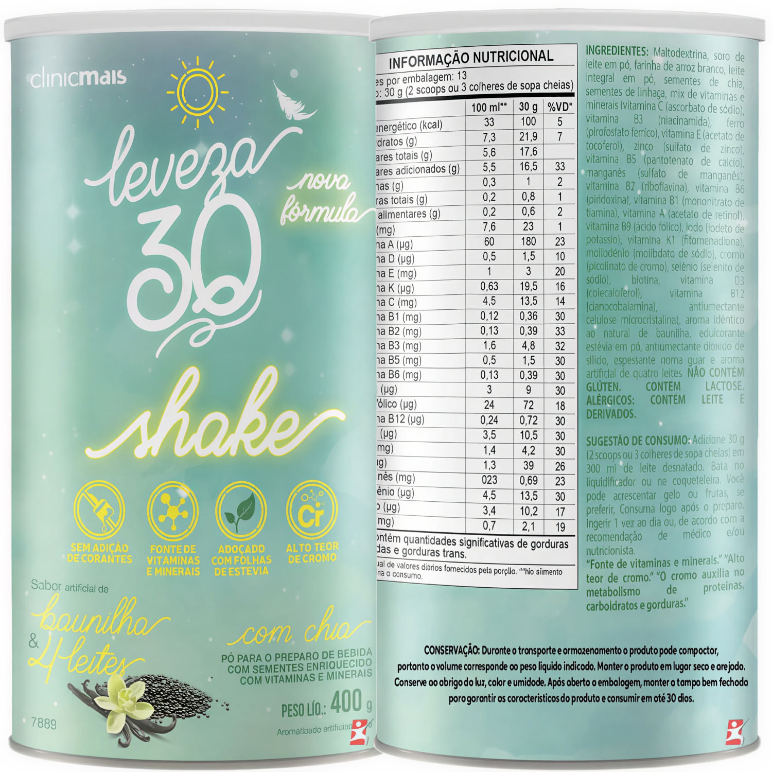 Shake Leveza 30 Com Chia Clinicmais Sabor Baunilha E 4 Leites 400g