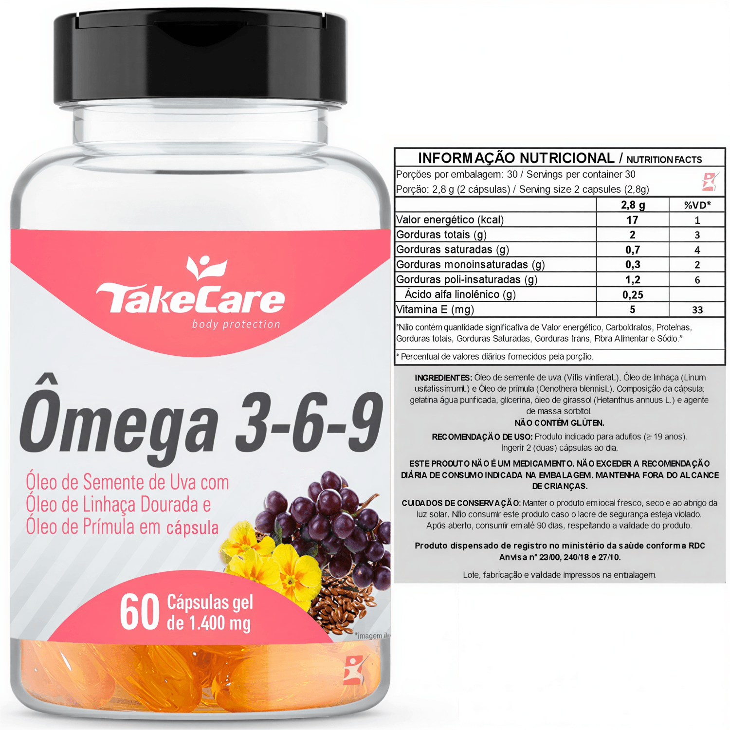Ômega 3-6-9 Óleo De Semente De Uva + Linhaça + Prímula Take Care 60 Cápsulas