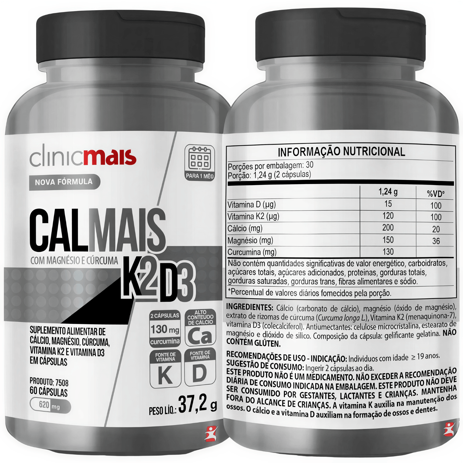 Calmais K2 + D3 Com Magnésio E Cúrcuma Clinicmais 60 Cápsulas