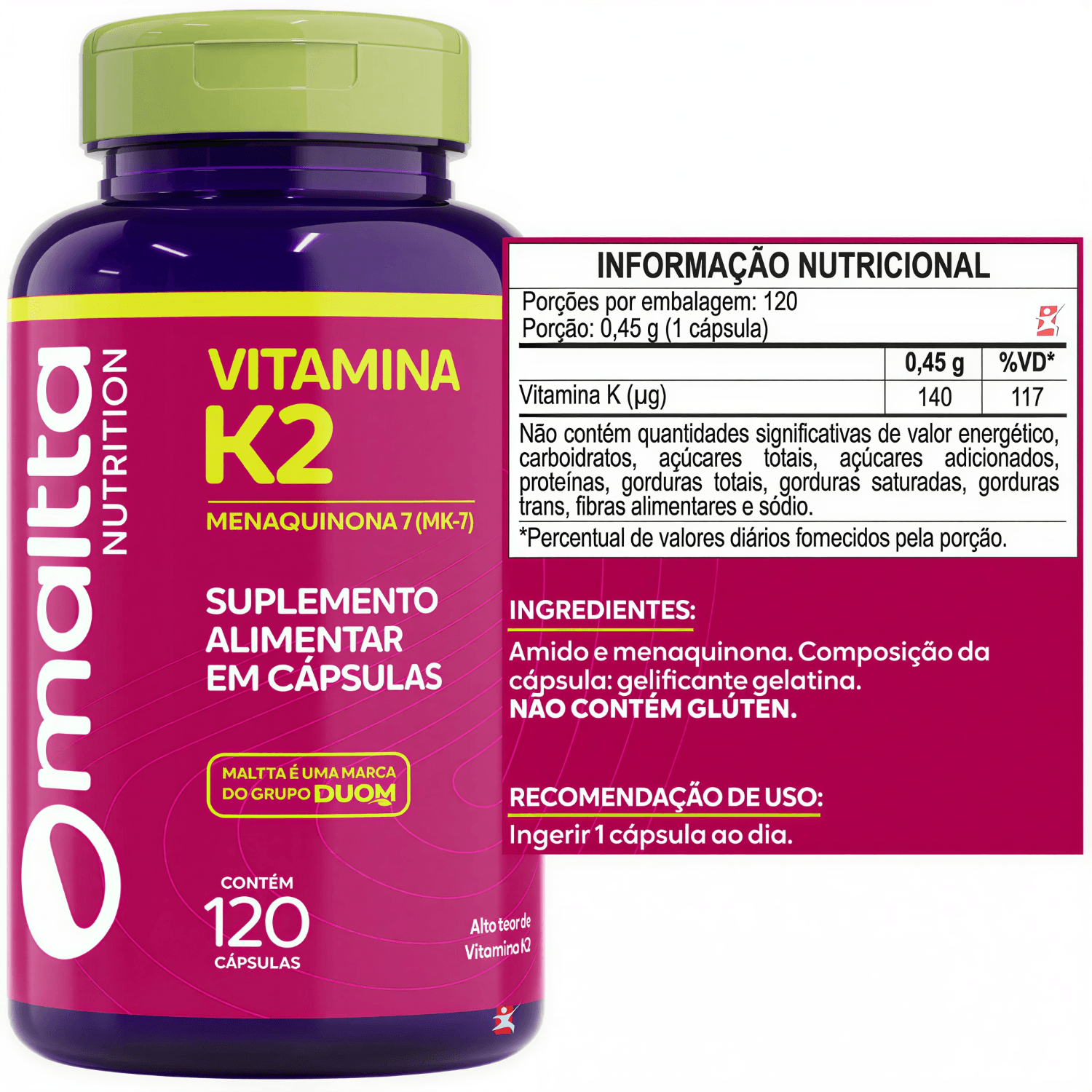 Vitamina K2 Menaquinona Mk7 Maltta Nutrition 120 Cápsulas