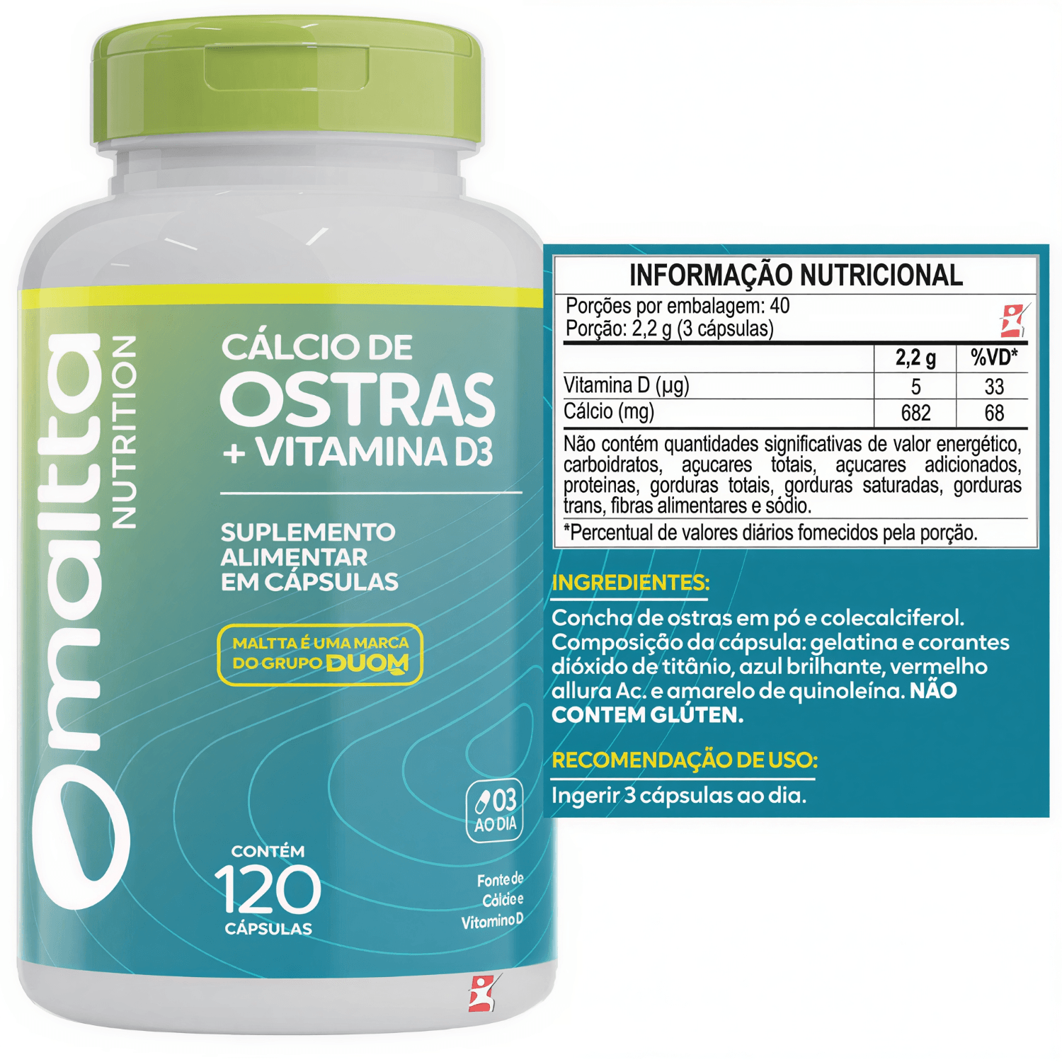 Cálcio De Ostras + Vitamina D3 Maltta Nutrition 120 Cápsulas