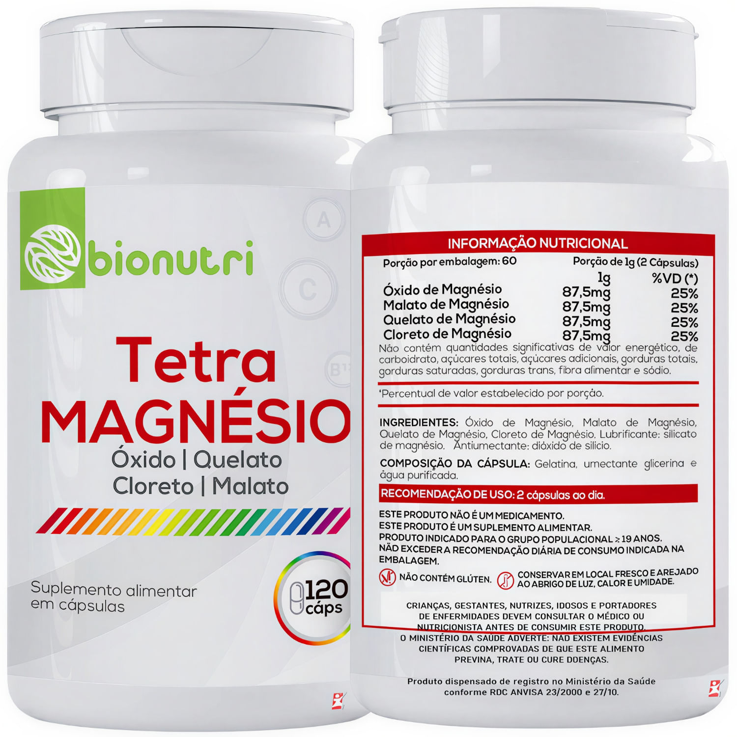 Tetra Magnésio Óxido + Quelato + Cloreto + Malato Bionutri 120 Cápsulas