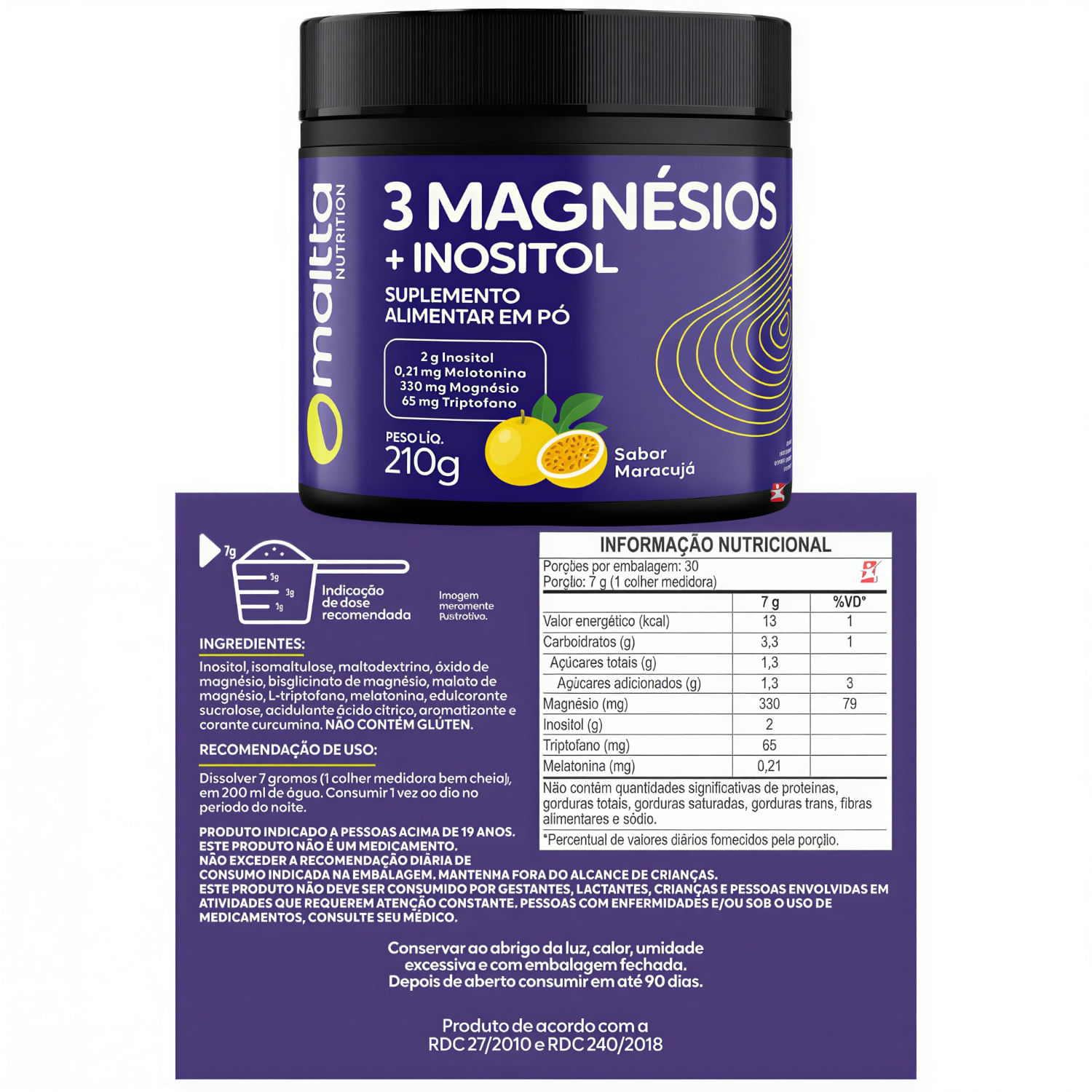 3 Magnésios + Inositol Maltta Nutrition Maracujá 210g