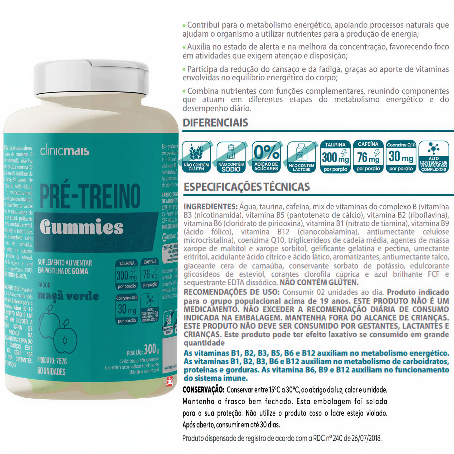 Pré-treino Gummies Clinicmais Sabor Maçã Verde 60 Gomas