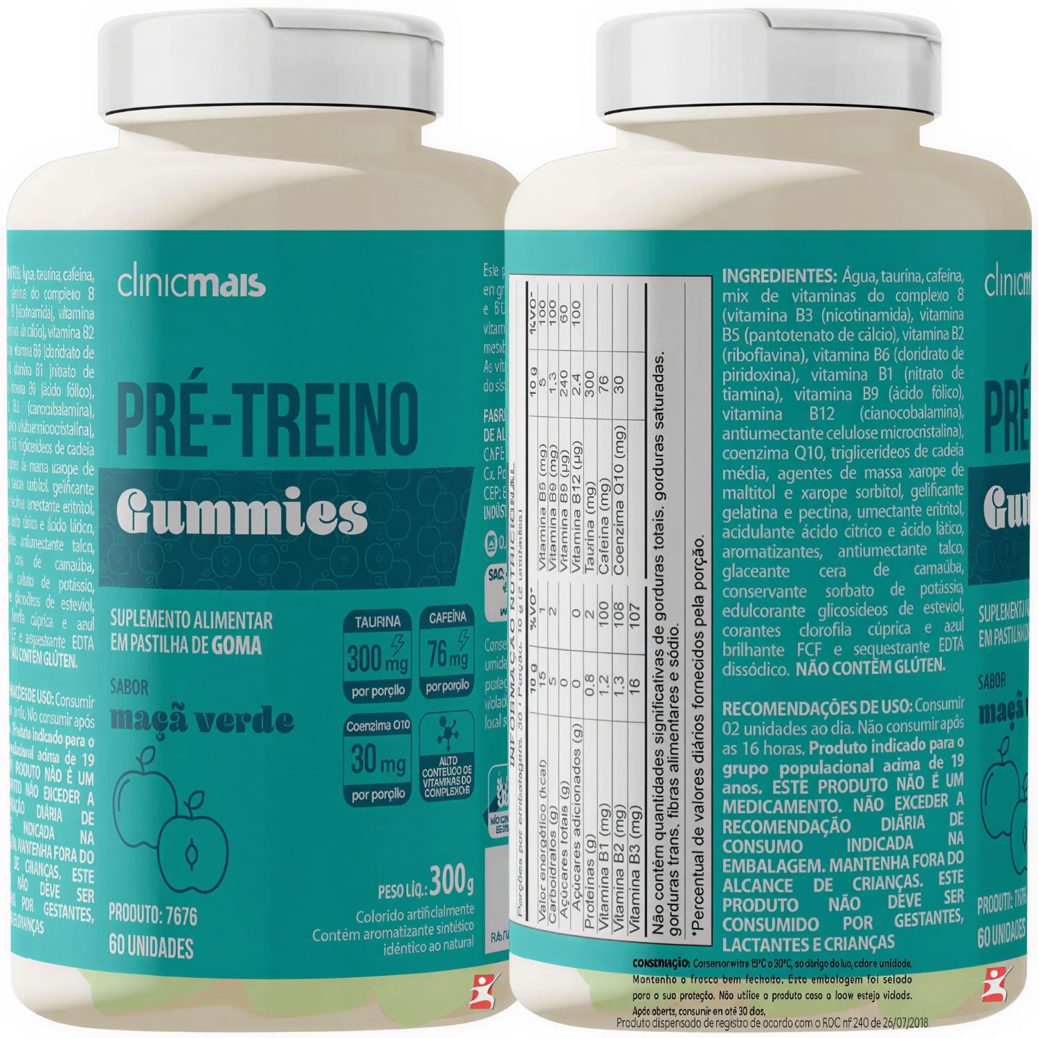 Pré-treino Gummies Clinicmais Sabor Maçã Verde 60 Gomas