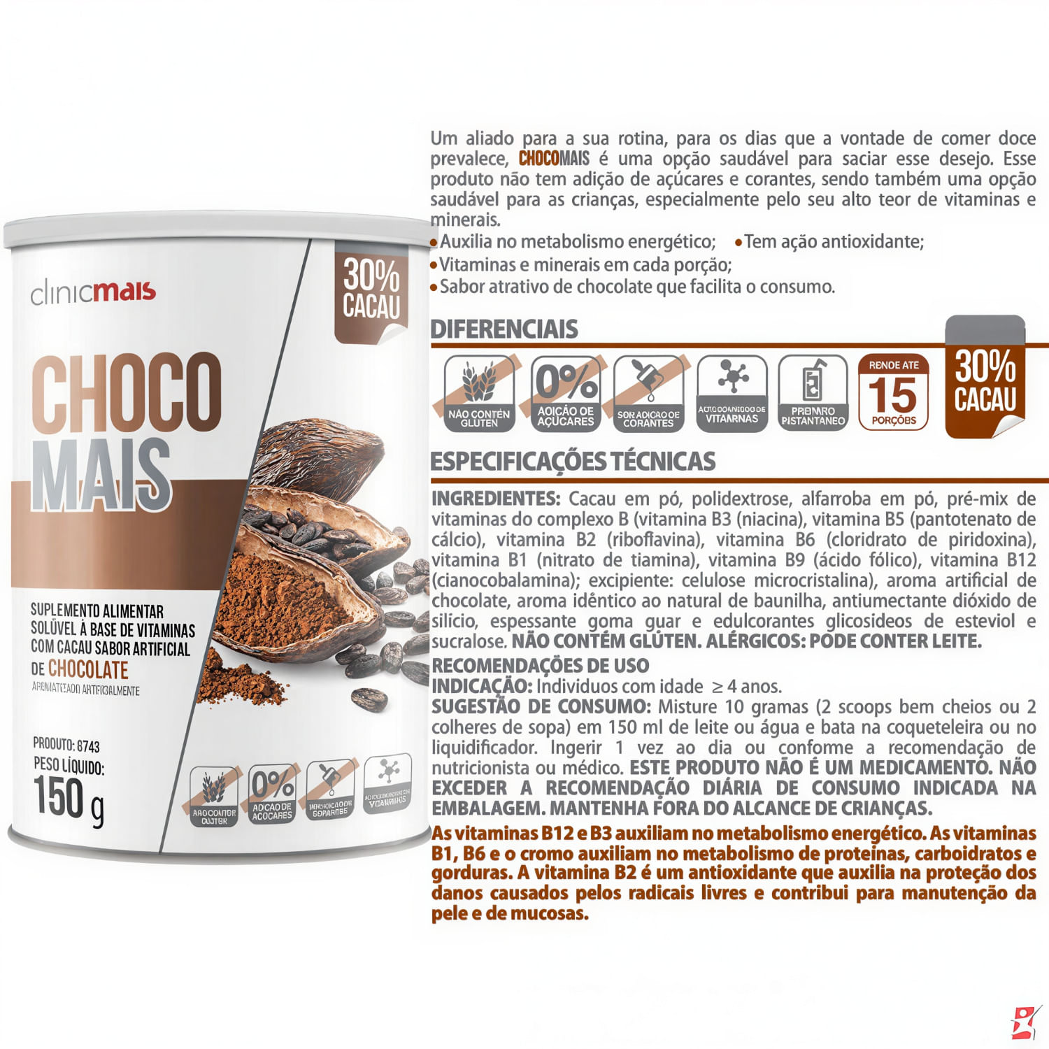 Choco Mais Clinicmais Sabor Chocolate 150g