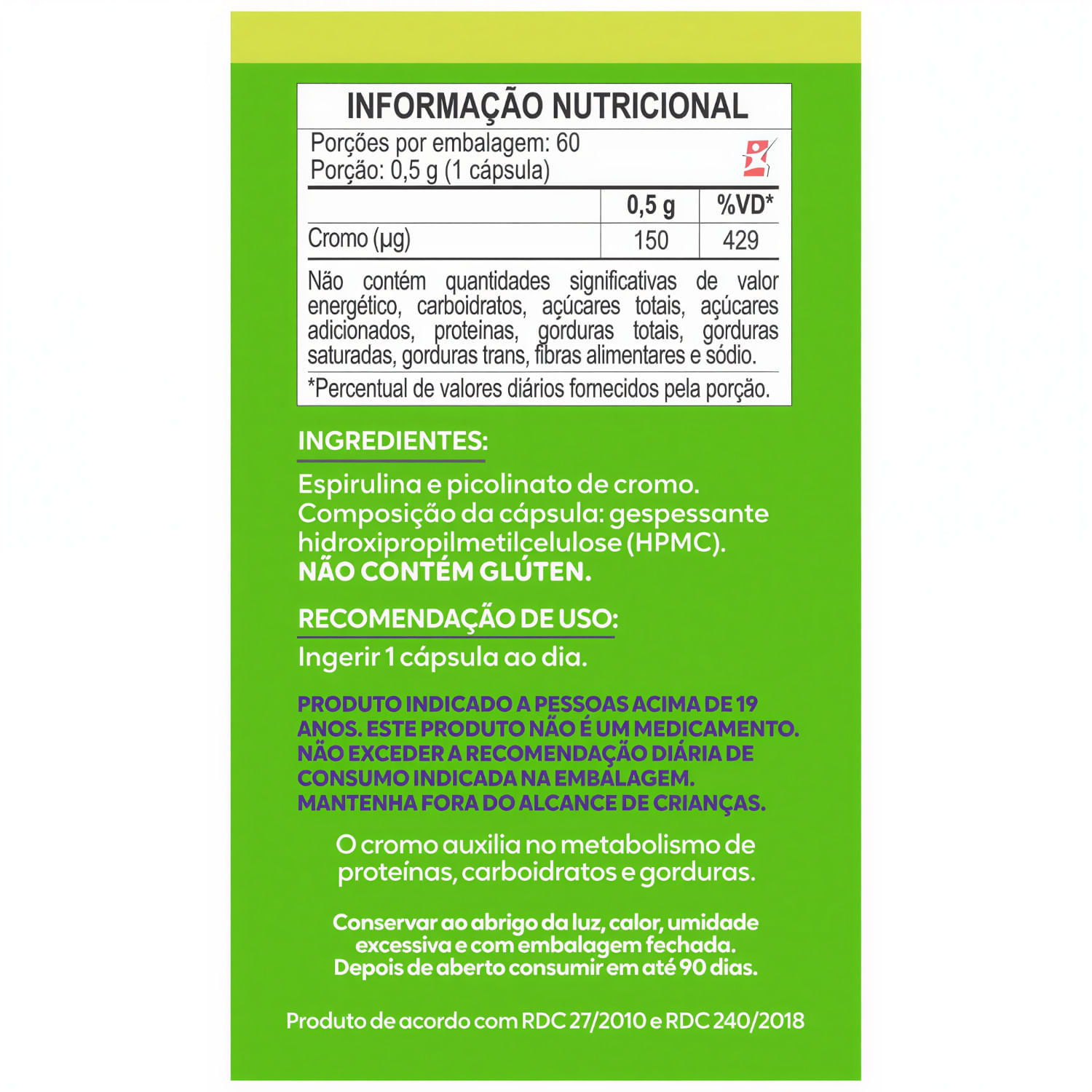 Cromo Com Spirulina Maltta Nutrition 60 Cápsulas Veganas