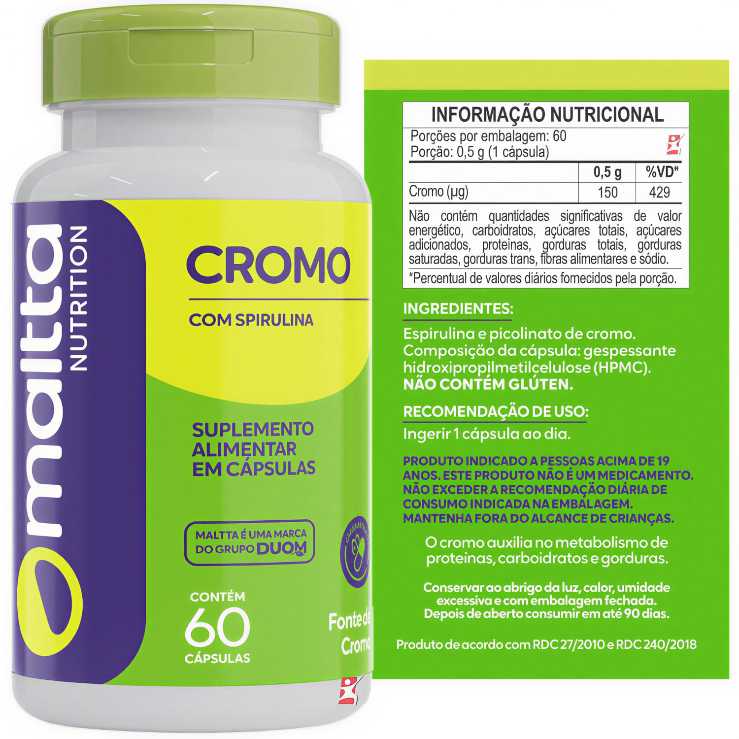 Cromo Com Spirulina Maltta Nutrition 60 Cápsulas Veganas