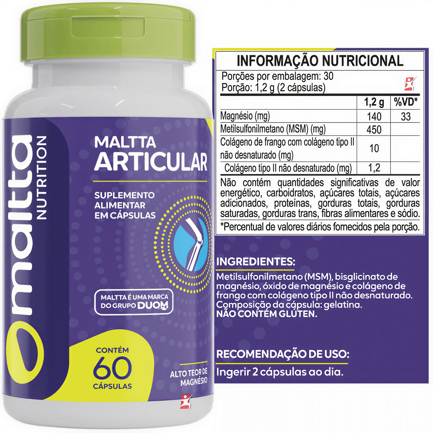 Maltta Articular Colágeno Tipo 2 + MSM + Magnésio Maltta Nutrition 60 Cápsulas