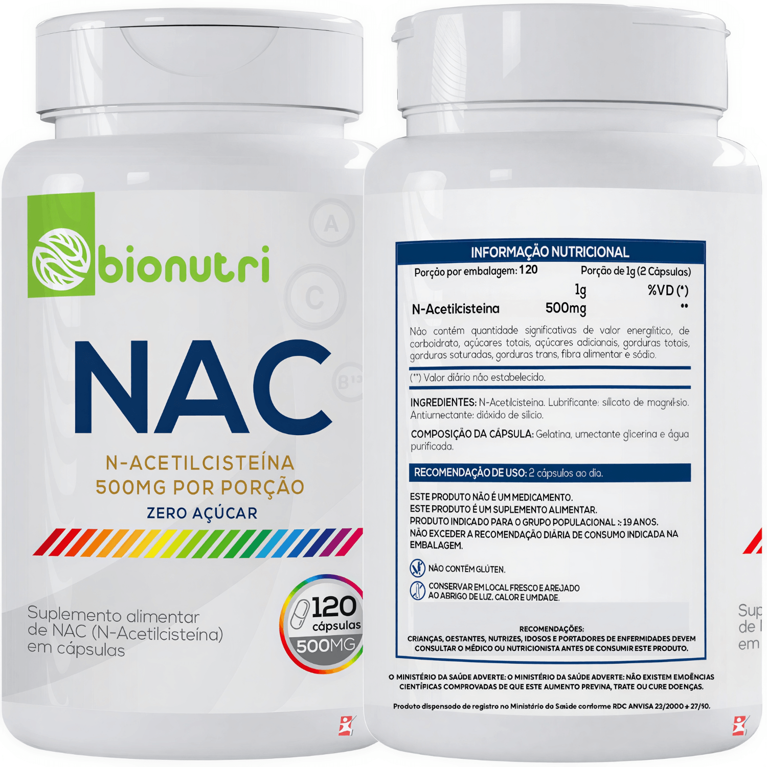 NAC N-acetilcisteína Bionutri 500mg Na Porção 120 Cápsulas