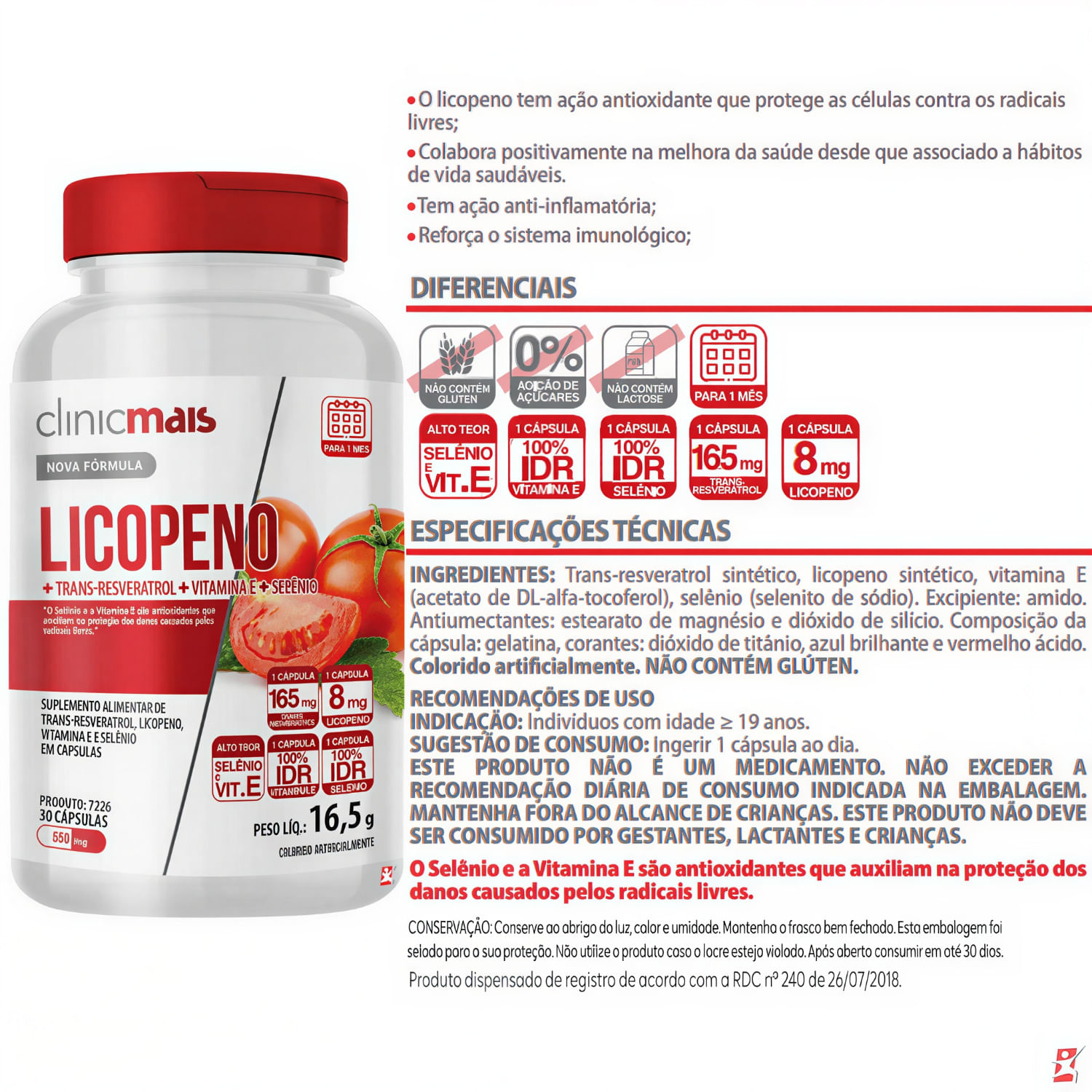 Licopeno Trans-Resveratrol + Vitamina E + Selênio ClinicMais 30 Cápsulas