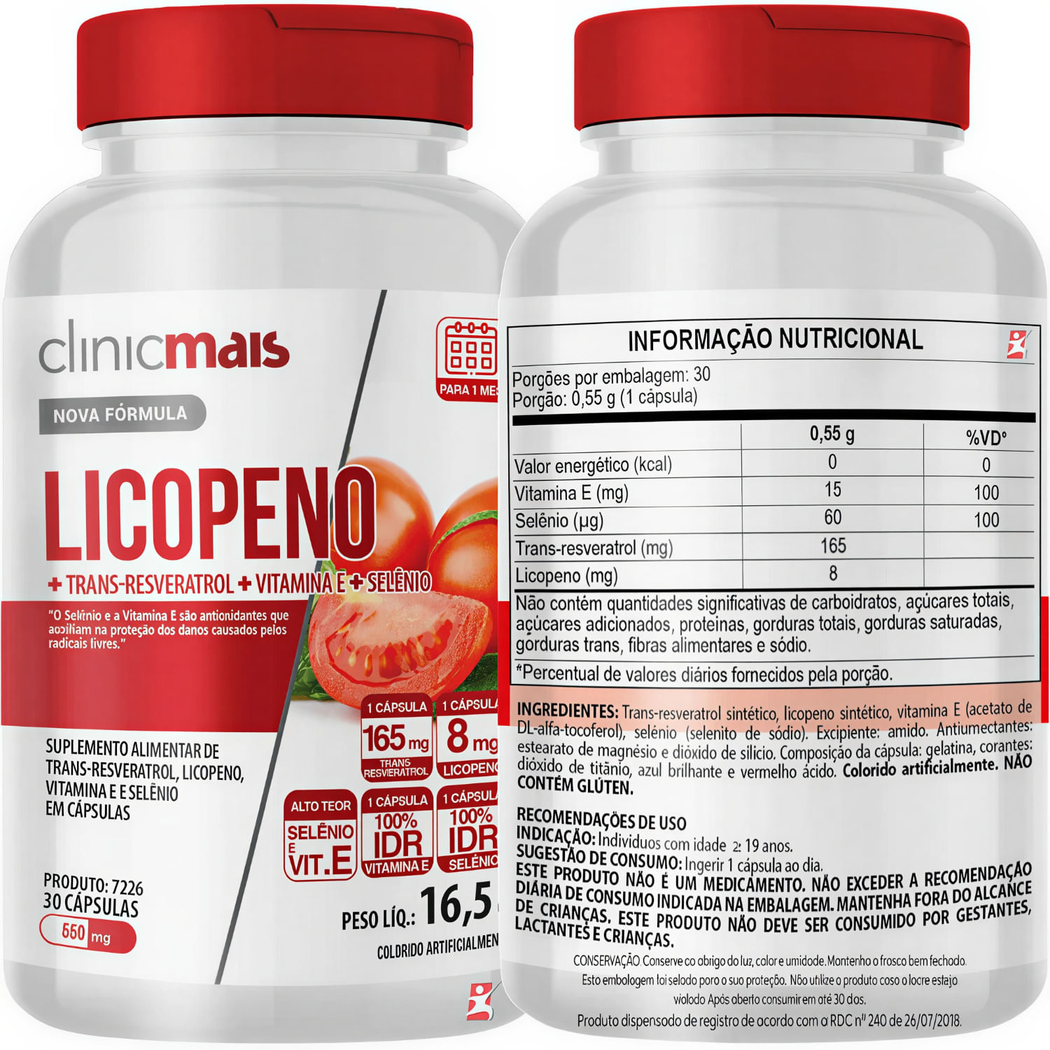 Licopeno Trans-Resveratrol + Vitamina E + Selênio ClinicMais 30 Cápsulas