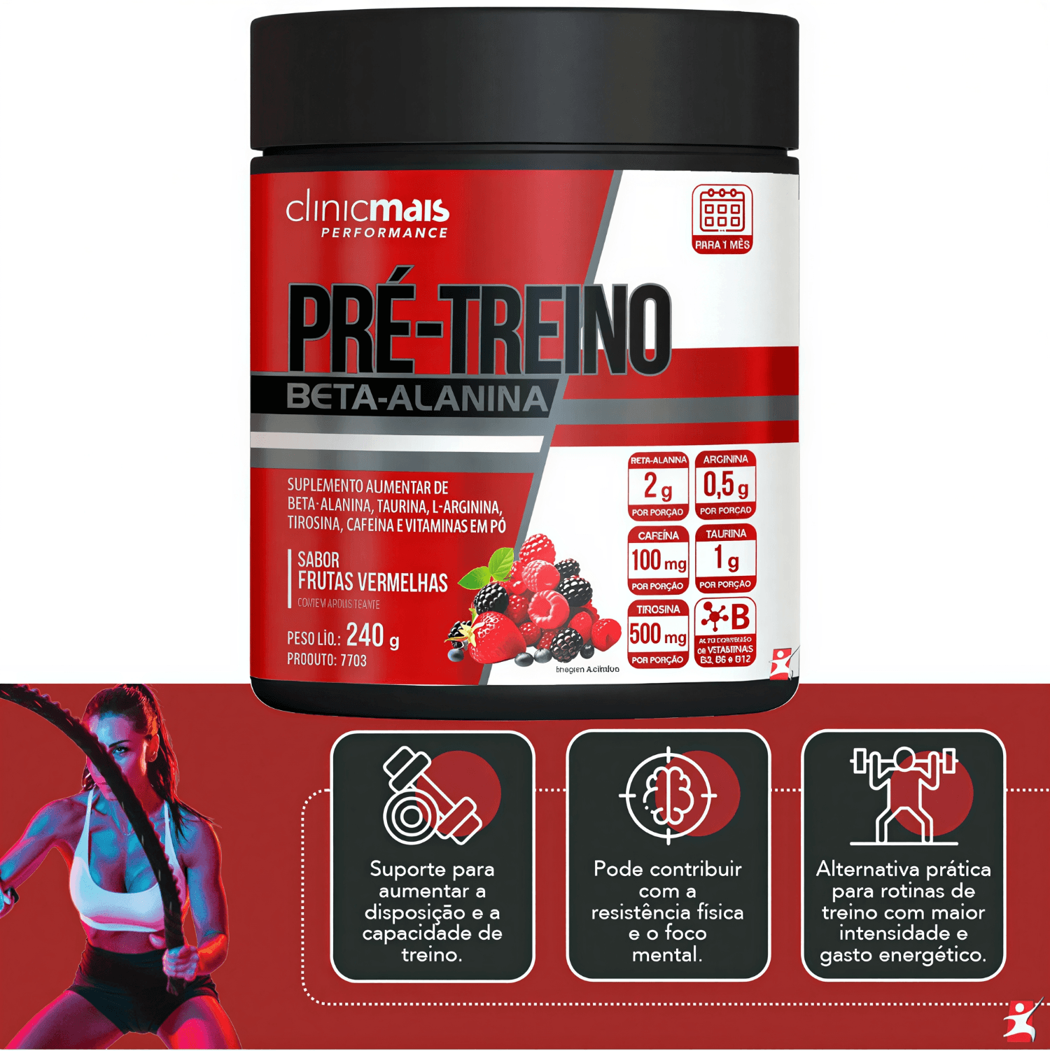Pré-treino Beta-alanina Clinicmais Frutas Vermelhas 240g
