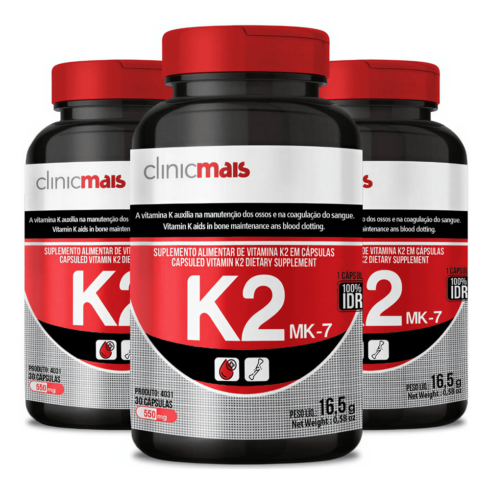 Kit 3 Vitamina K2 Menaquinona-7 Concentrada Mk-7 Clinicmais 120mcg Total 30 Cápsulas