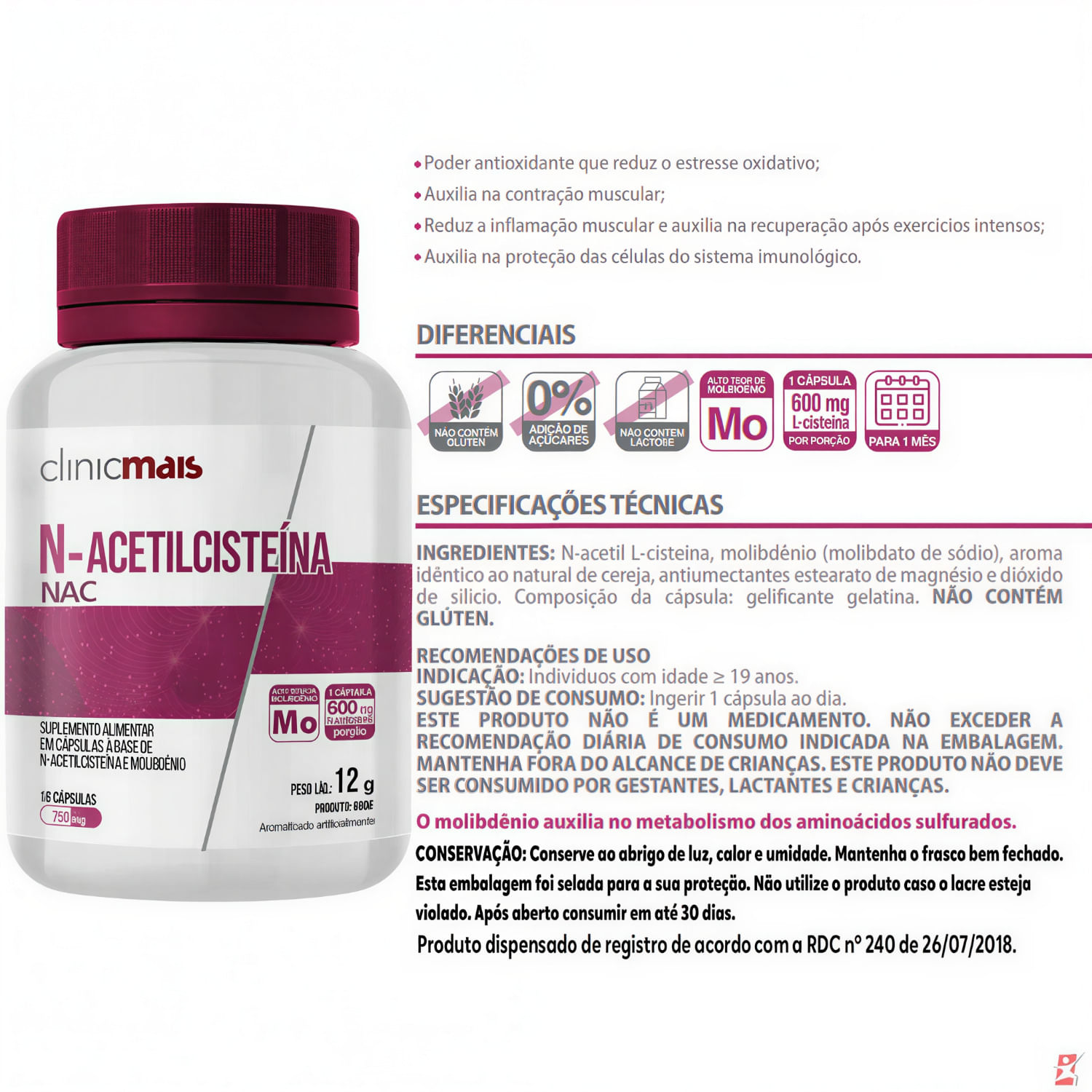 Acetilcisteina Nac + Molibdênio Clinicmais 600mg 30 Cápsulas