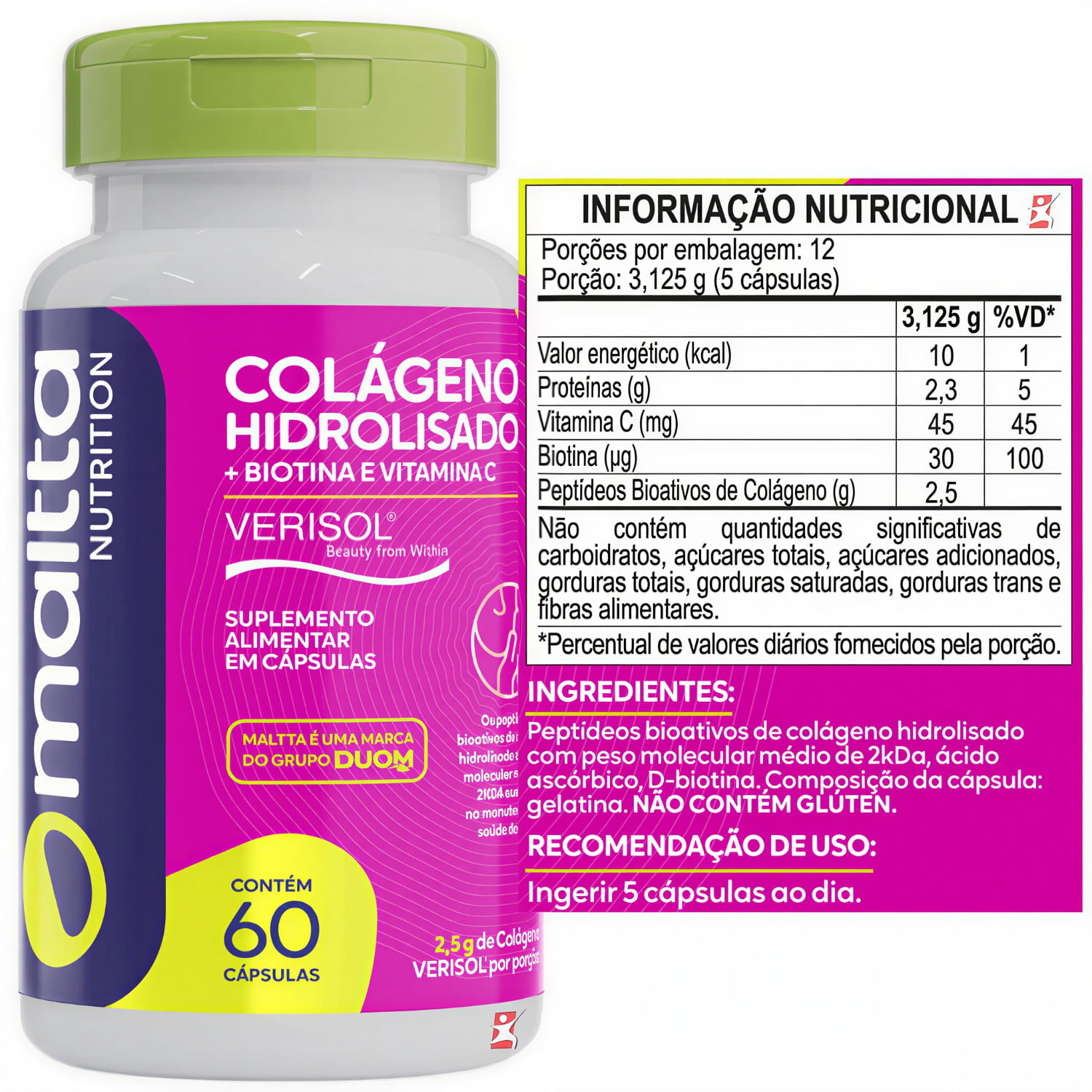 Colágeno Hidrolisado Verisol + Biotina + Vitamina C Maltta Nutrition 60 Cápsulas