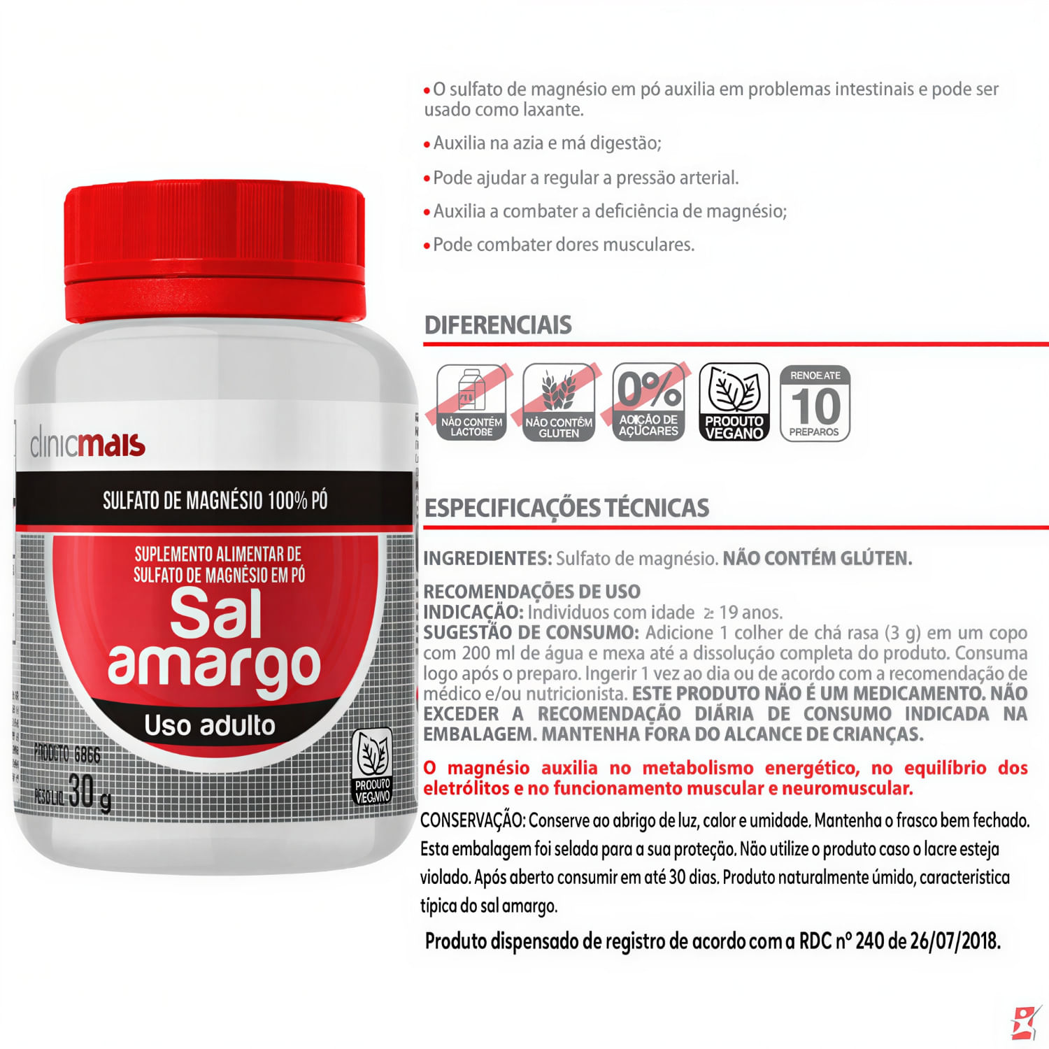 Sal Amargo Vegano Sulfato De Magnésio 100% Em Pó Clinicmais 30g