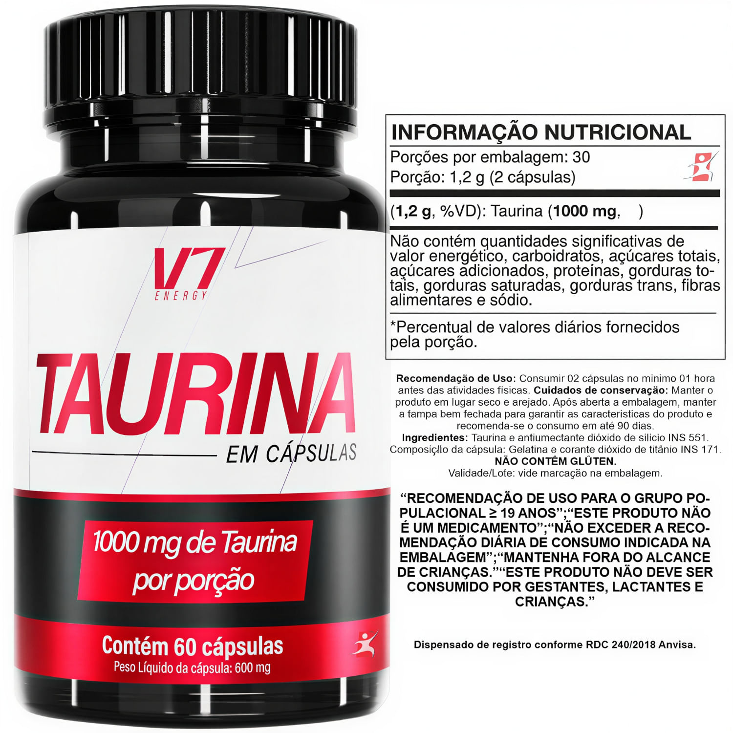 Kit 6 Taurina V7 Energy 1000mg 60 Cápsulas