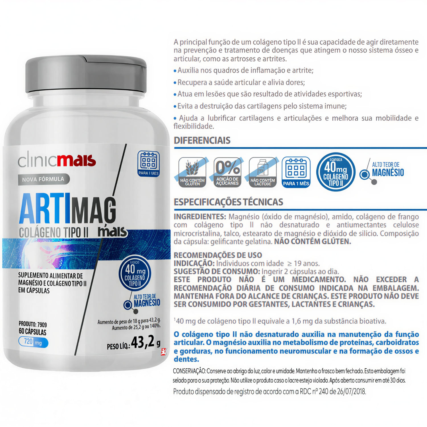 Artimag Mais Colágeno Tipo 2 + Magnésio Clinicmais 60 Cápsulas