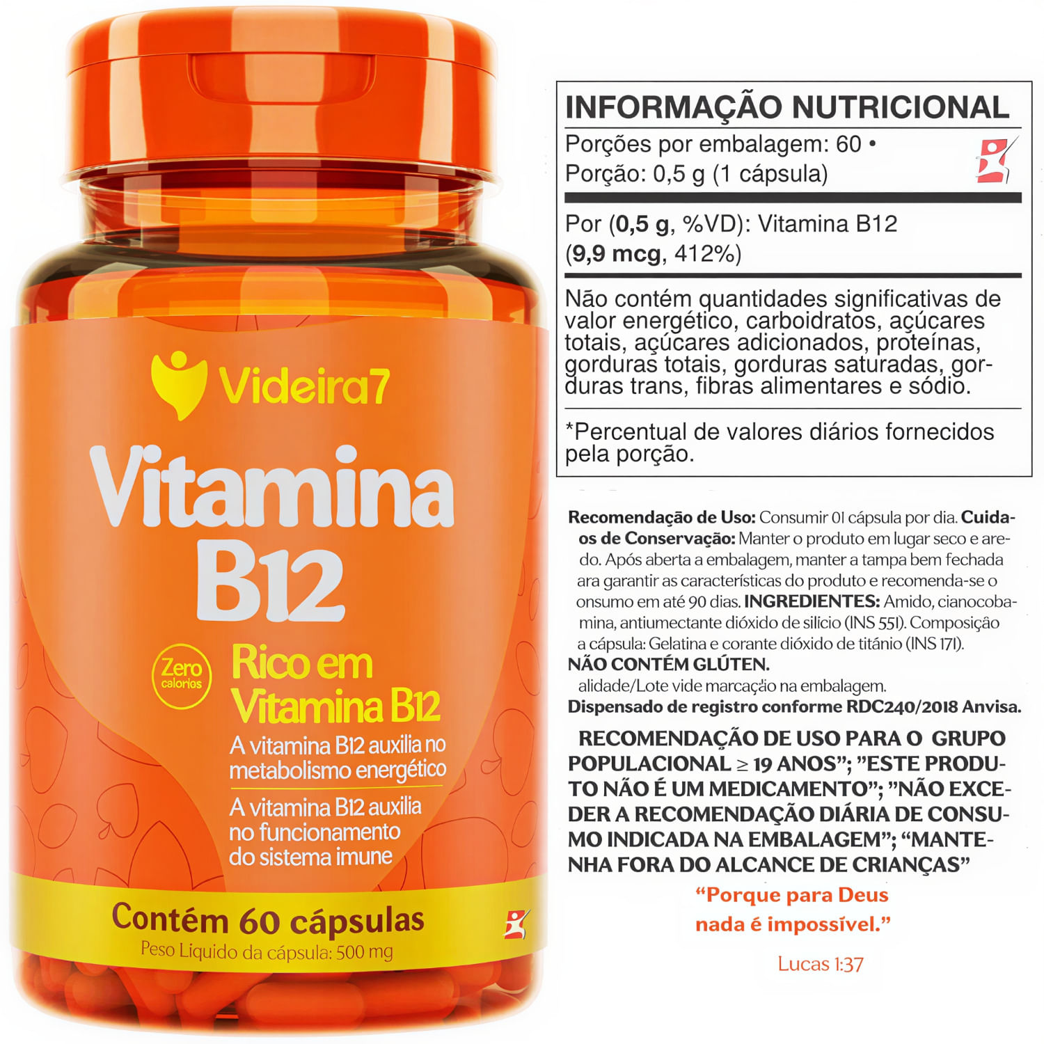 Vitamina B12 Videira7 60 Cápsulas