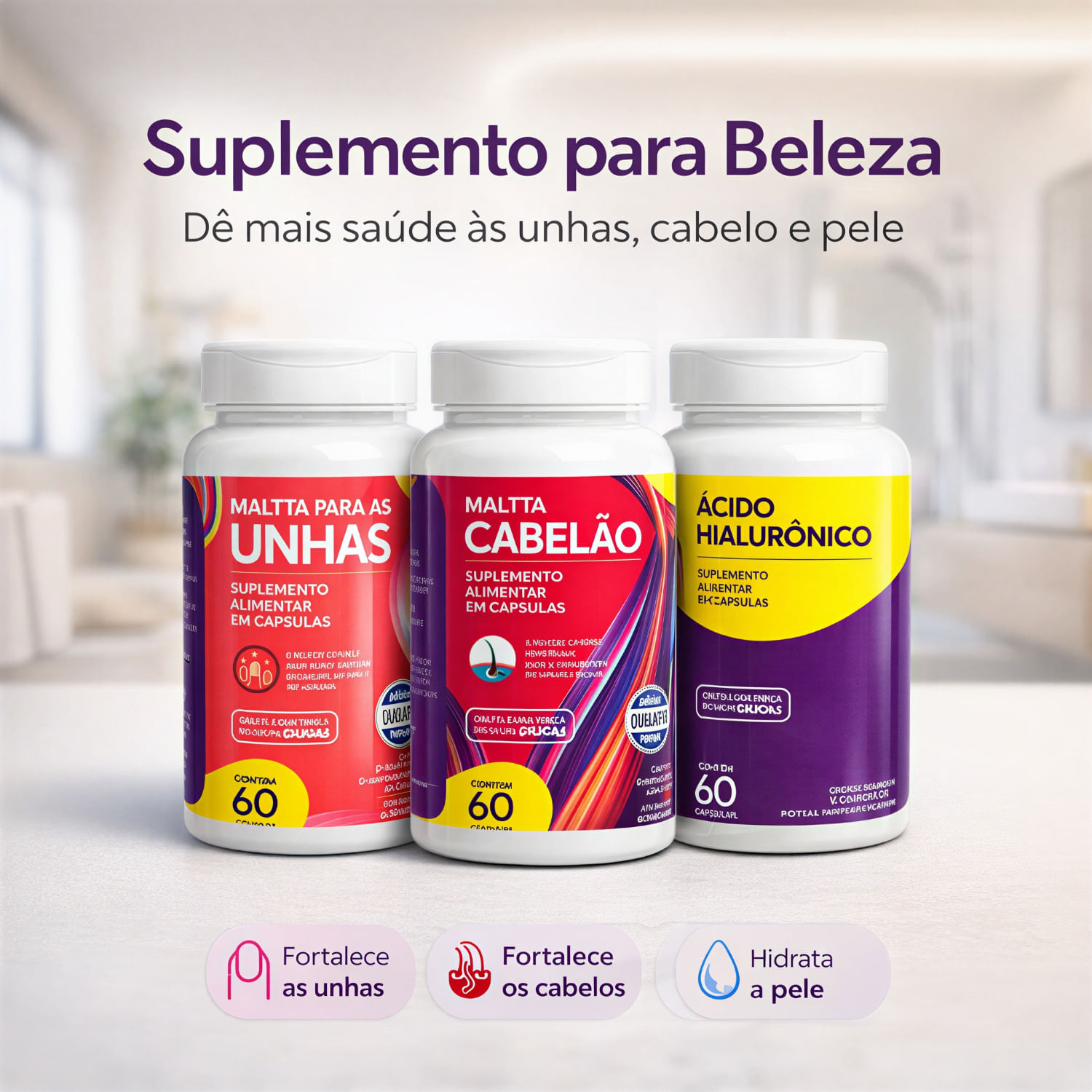 Kit Maltta Nutrition Cabelão 60 Cápsulas + Ácido Hialurônico 60 Cápsulas + Maltta Para Unhas 60 Cápsulas