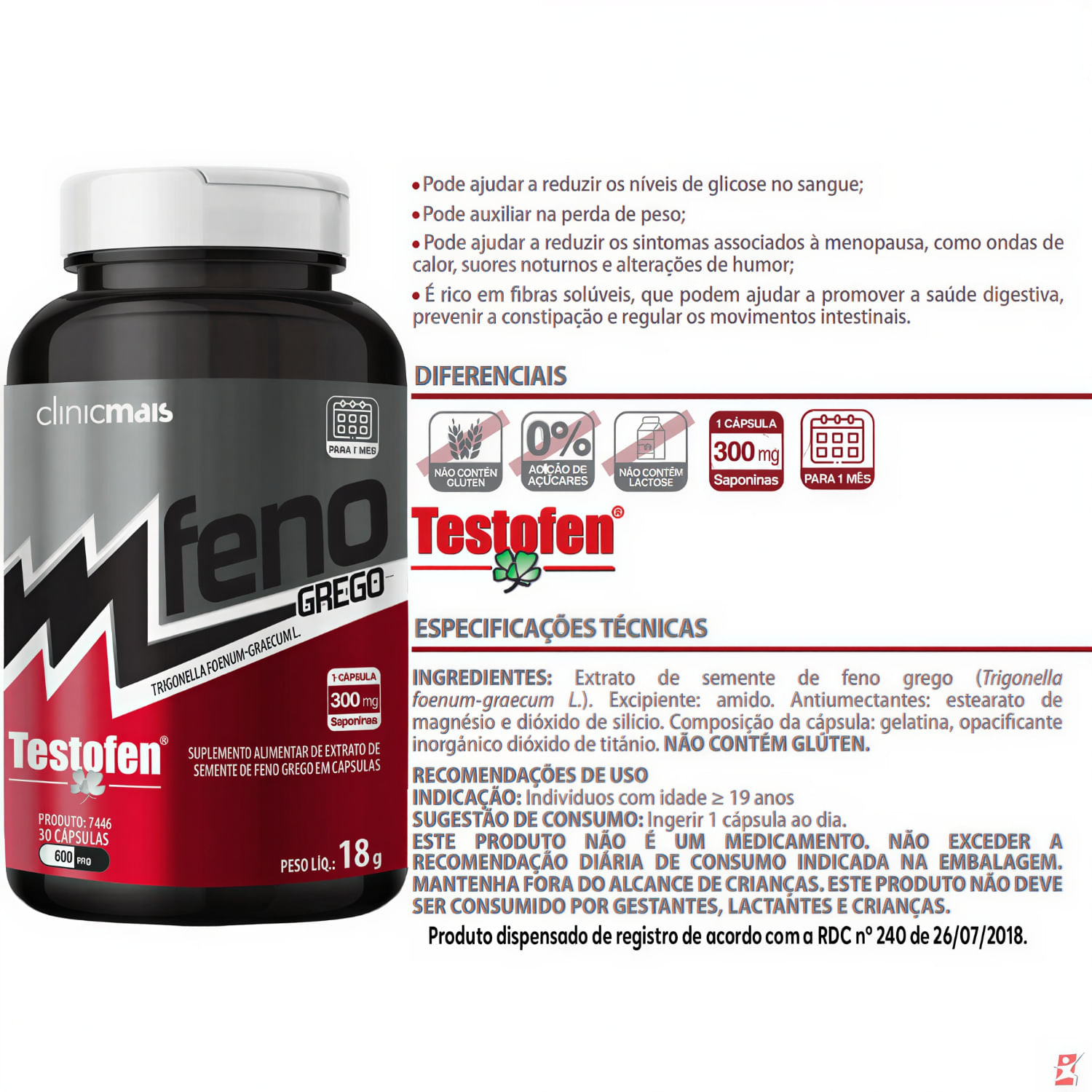 Feno Grego Testofen® Trigonella Foenum-graecum L Clinicmais 30 Cápsulas