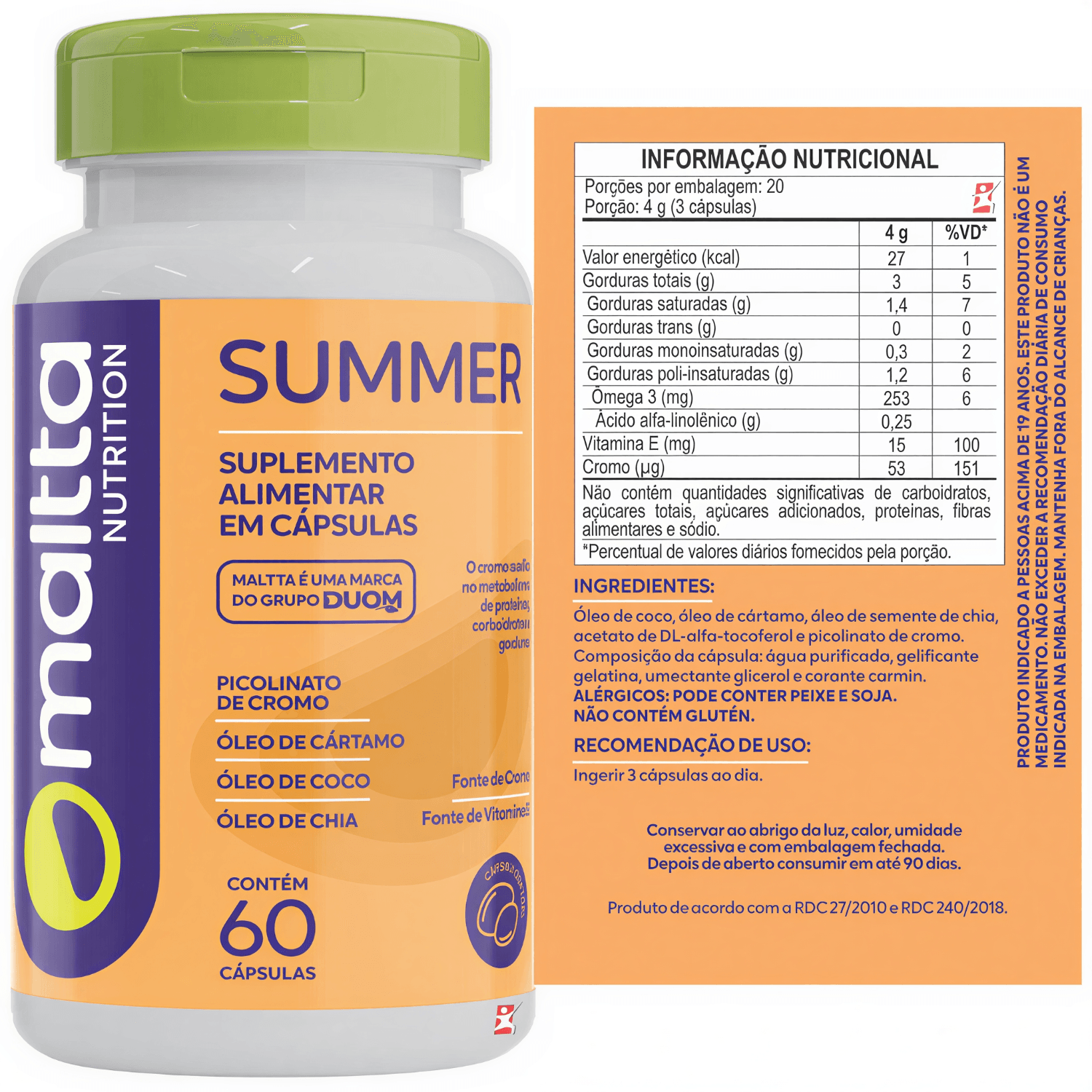Summer Oleo De Cártamo, Chia, Coco E Cromo Maltta Nutrition 60 Cápsulas
