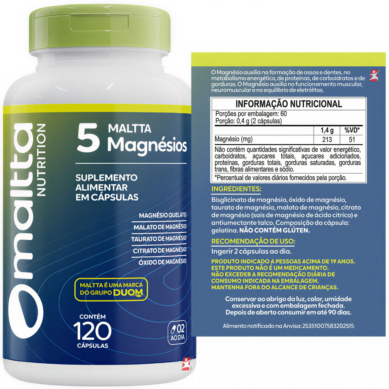 Maltta 5 Magnésios Maltta Nutrition 120 Cápsulas