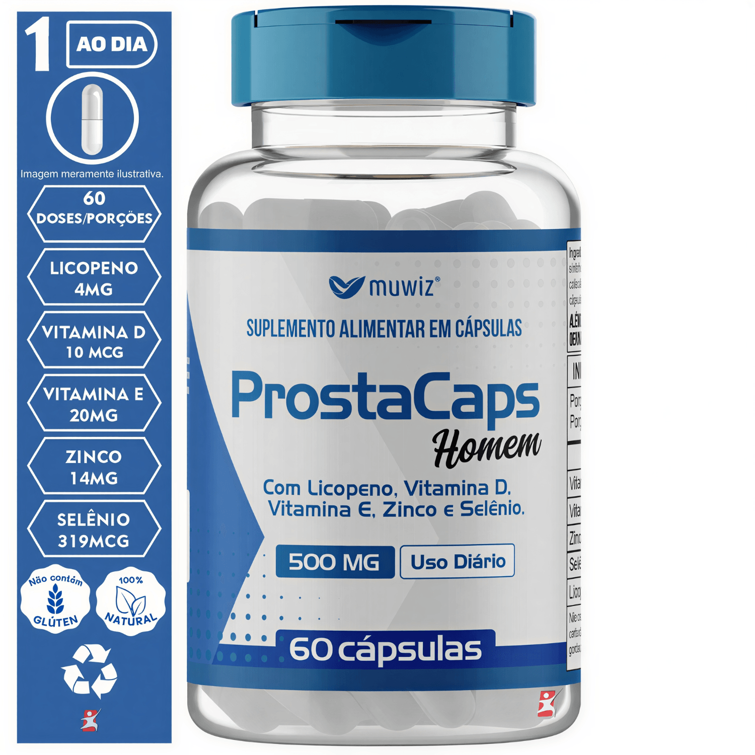 Prosta Caps Homem Licopeno + Vitaminas D e E + Zinco + Selênio Muwiz 60 Cápsulas