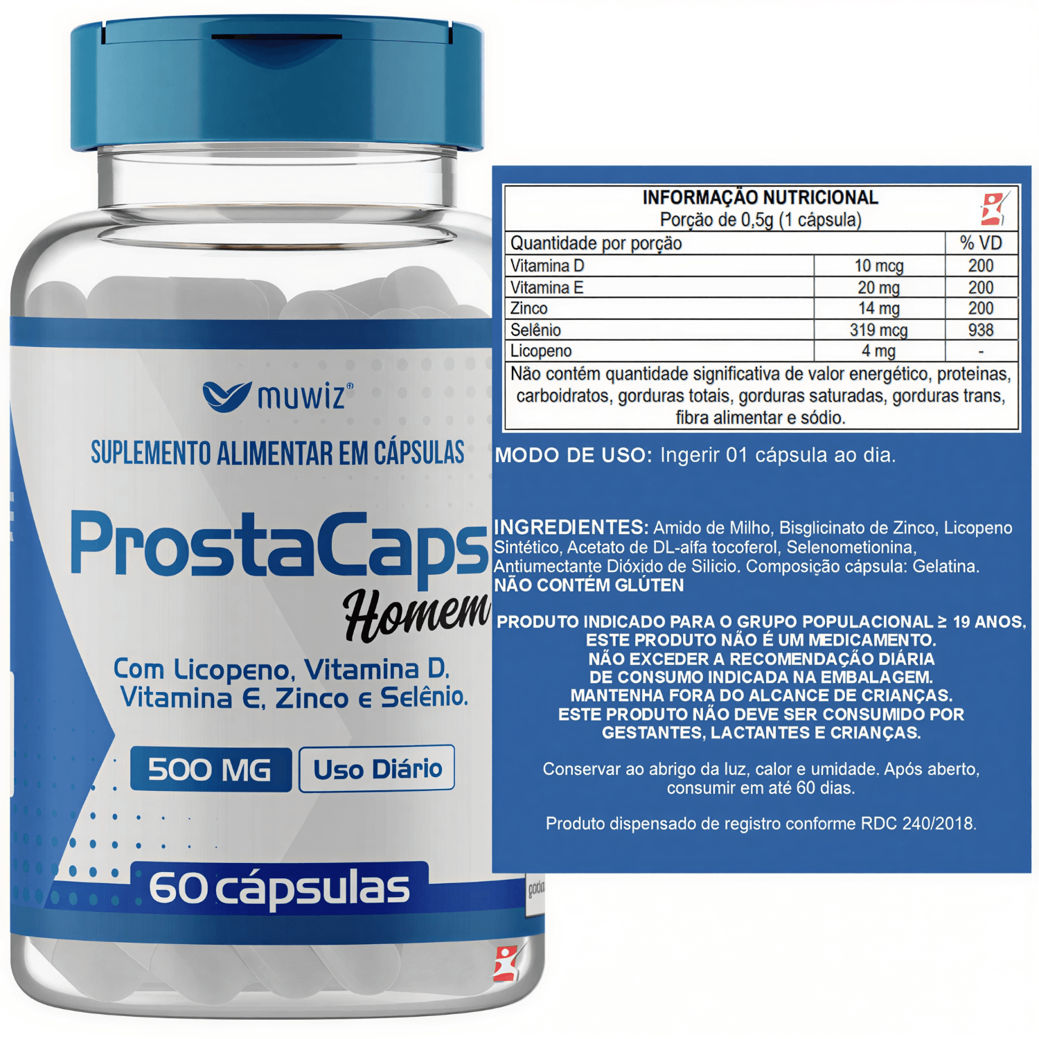 Prosta Caps Homem Licopeno + Vitaminas D e E + Zinco + Selênio Muwiz 60 Cápsulas