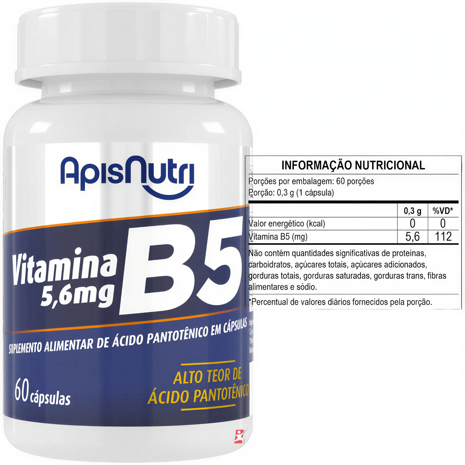 Vitamina B5 5,6mg Concentrada D-pantotenato De Cálcio Apisnutri 60 Cápsulas