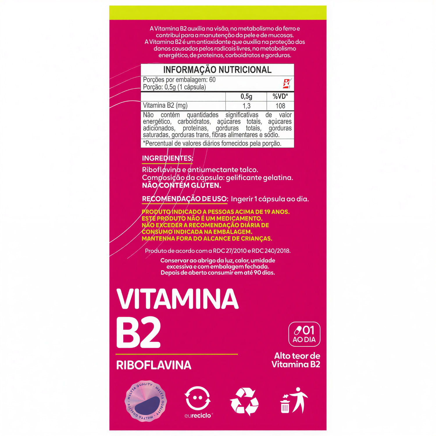 Vitamina B2 Riboflavina Maltta Nutrition 60 Cápsulas