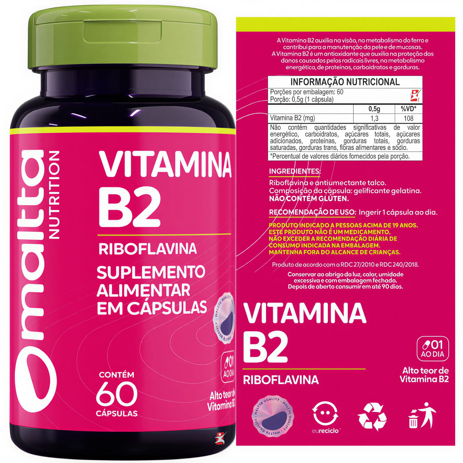 Vitamina B2 Riboflavina Maltta Nutrition 60 Cápsulas