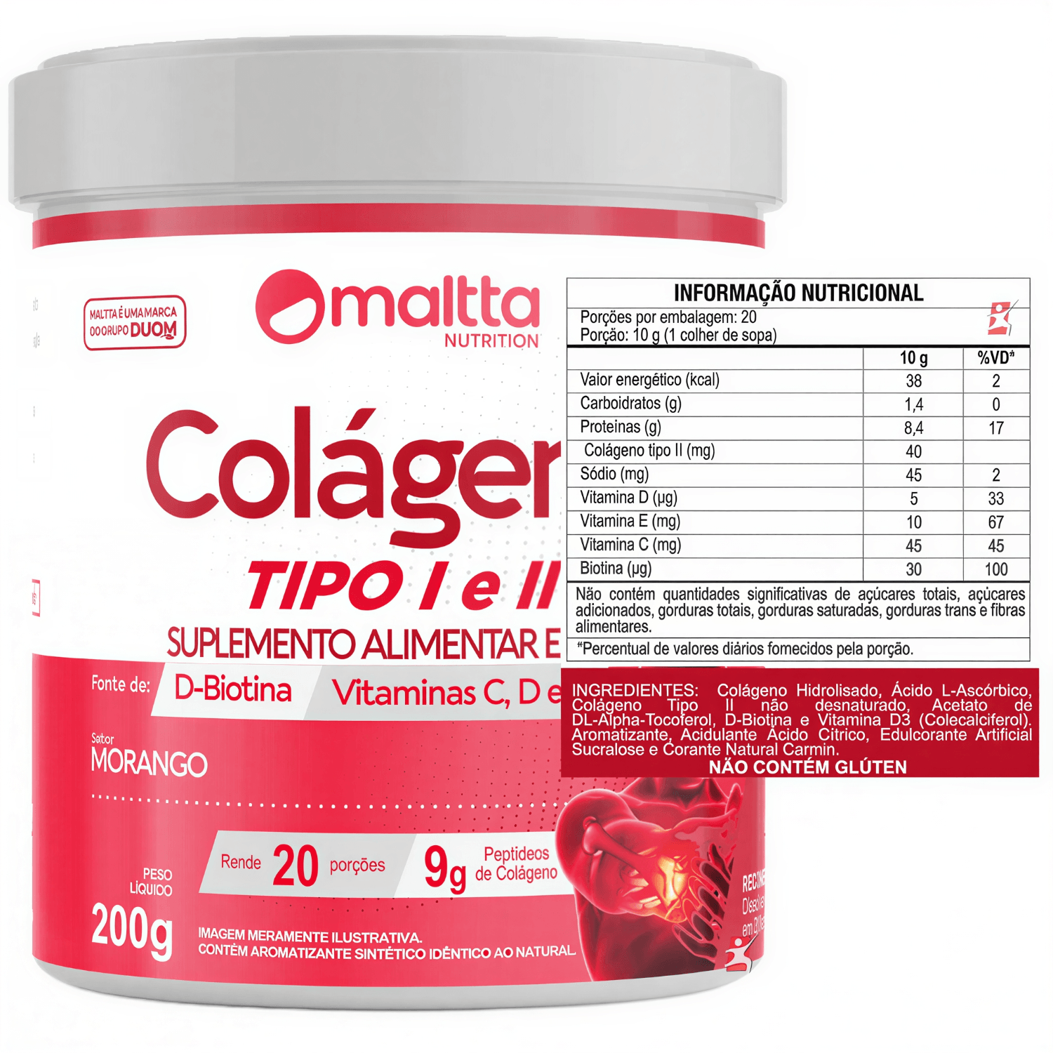 Colágeno Tipo 1 E 2 Maltta Nutrition Morango 200g