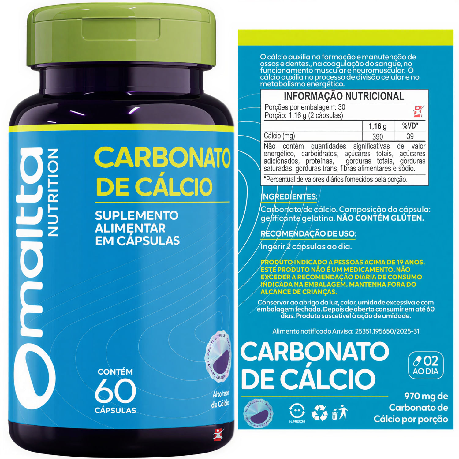 Carbonato De Cálcio Maltta Nutrition 970mg Por Porção 60 Cápsulas