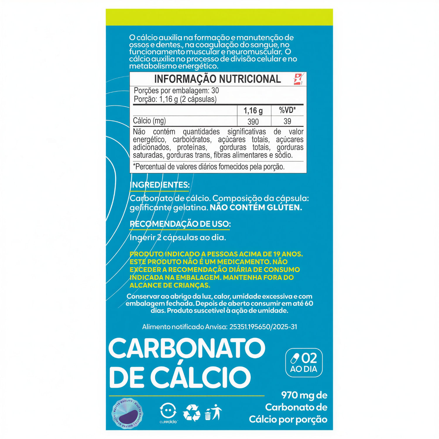 Carbonato De Cálcio Maltta Nutrition 970mg Por Porção 60 Cápsulas