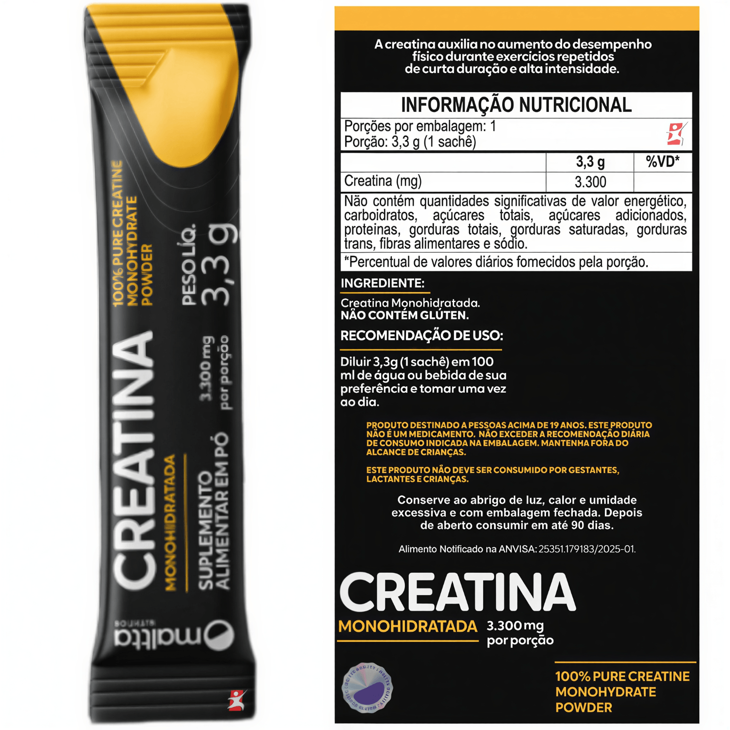 Creatina Monohidratada Pó 100% Pura Em Sachê Maltta Nutrition 30 Unidades De 3,3g