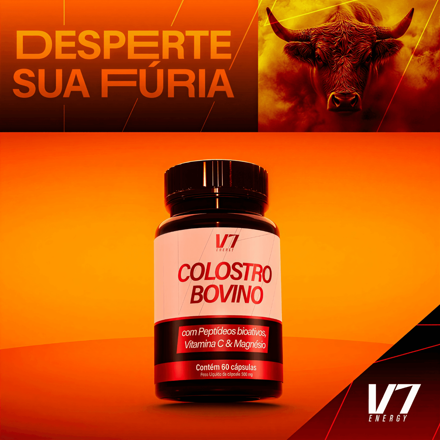 Colostro Bovino Com Peptídeos Bioativos + Vitamina C + Magnésio V7 Energy 60 Cápsulas