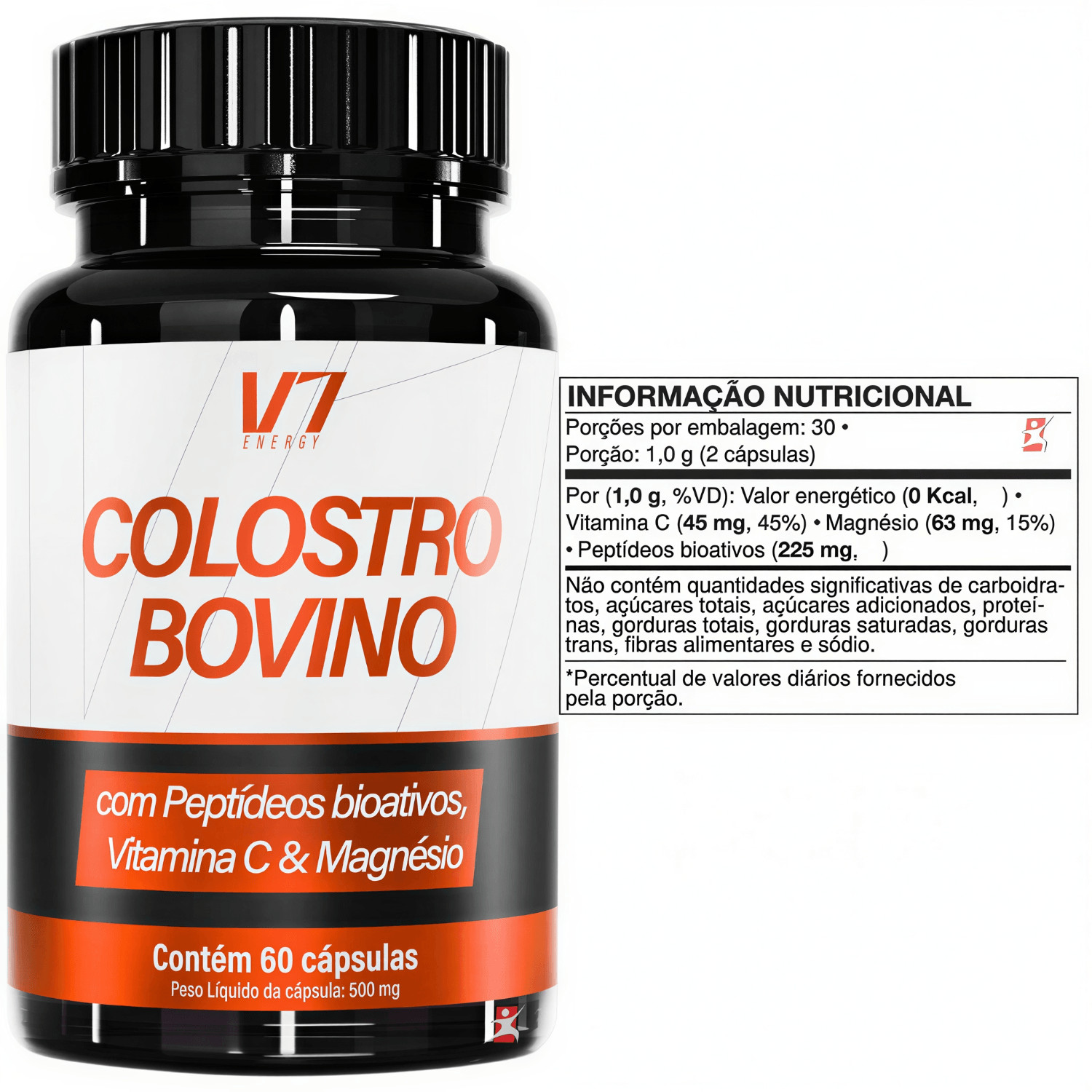 Colostro Bovino Com Peptídeos Bioativos + Vitamina C + Magnésio V7 Energy 60 Cápsulas