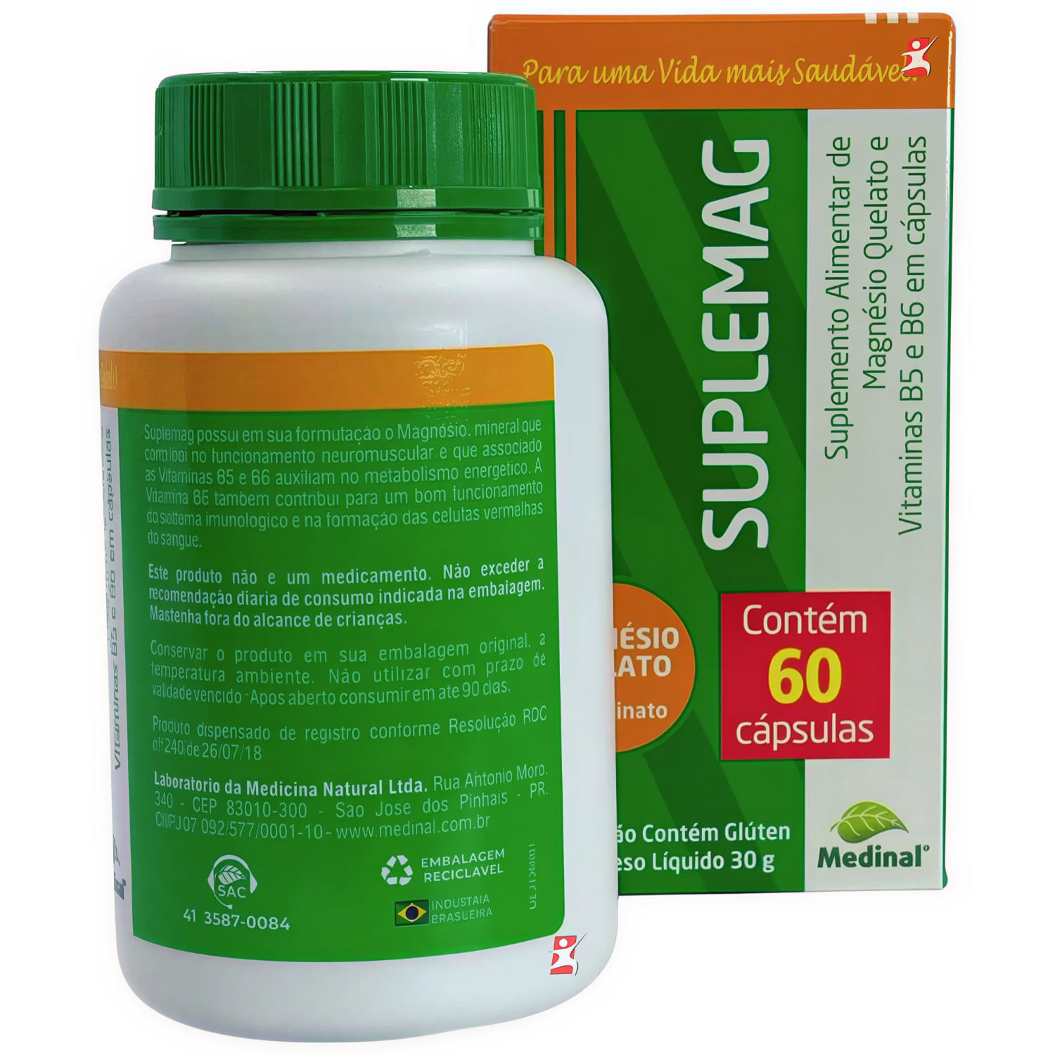 Suplemag Magnésio Quelato + Vitamina B5 E B6 Medinal 60 Cápsulas