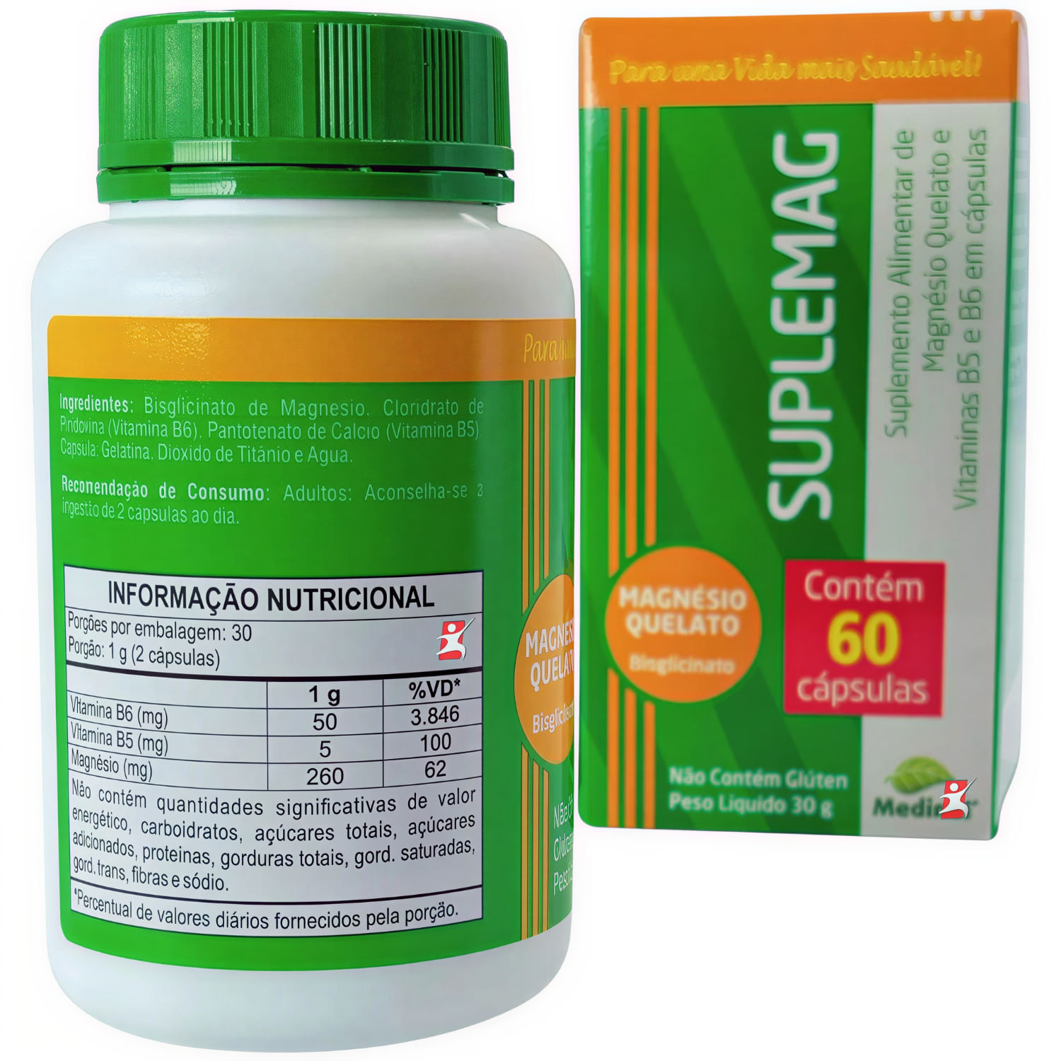 Suplemag Magnésio Quelato + Vitamina B5 E B6 Medinal 60 Cápsulas
