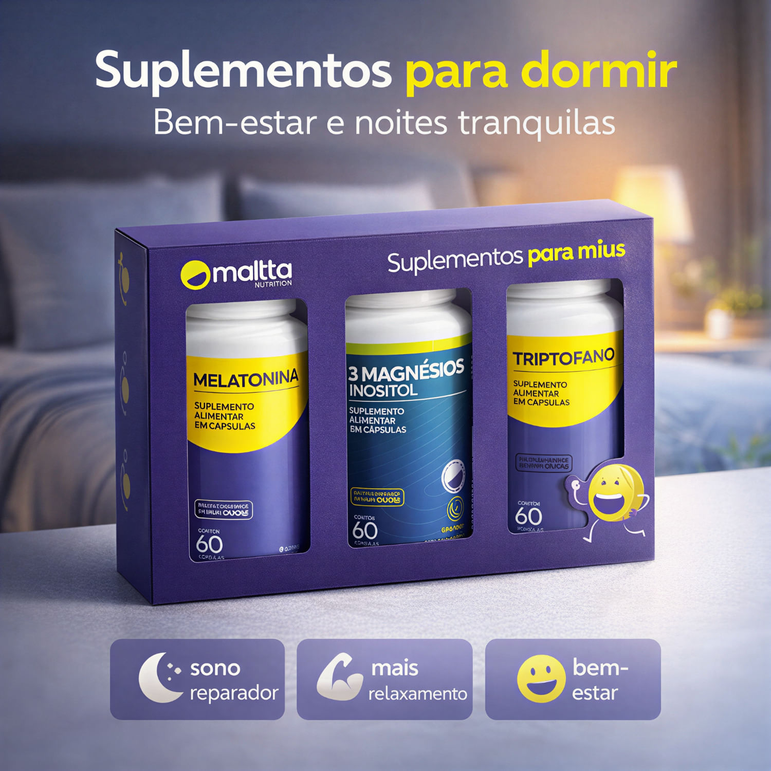 Kit Maltta Nutrition 3 Magnésios Inositol + Melatonina + Triptofano 60 Cápsulas Cada