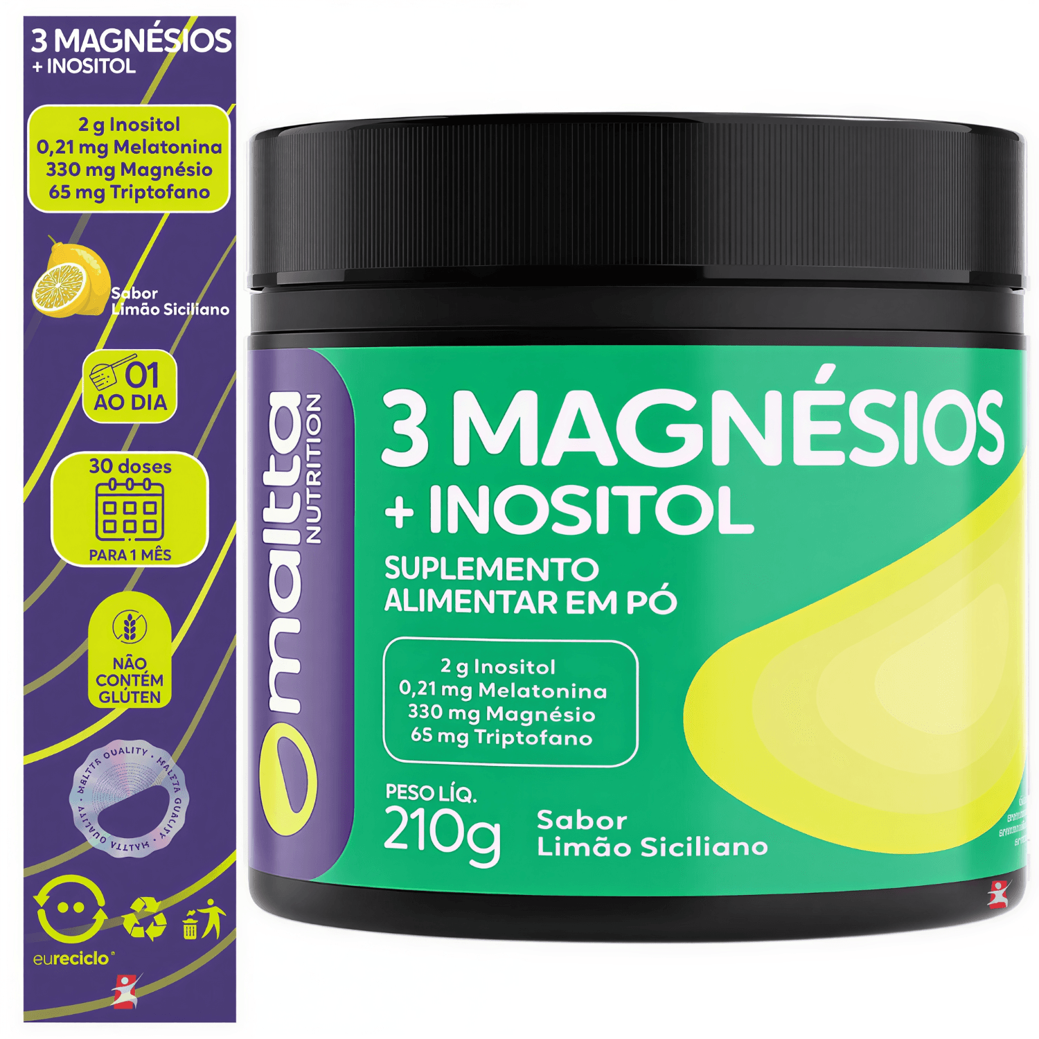 3 Magnésios + Inositol Maltta Nutrition Limão Siciliano 30 Doses 210g