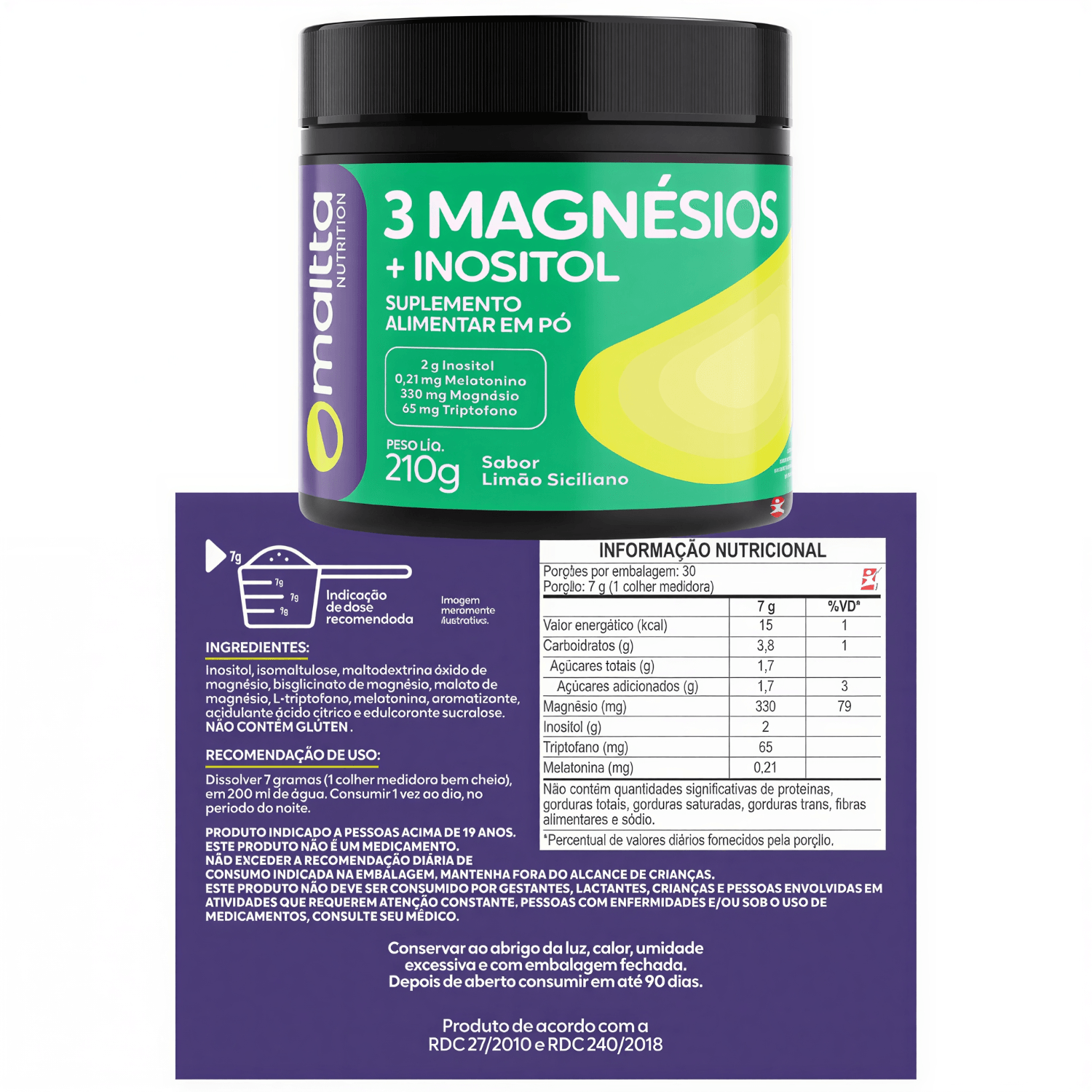 3 Magnésios + Inositol Maltta Nutrition Limão Siciliano 30 Doses 210g