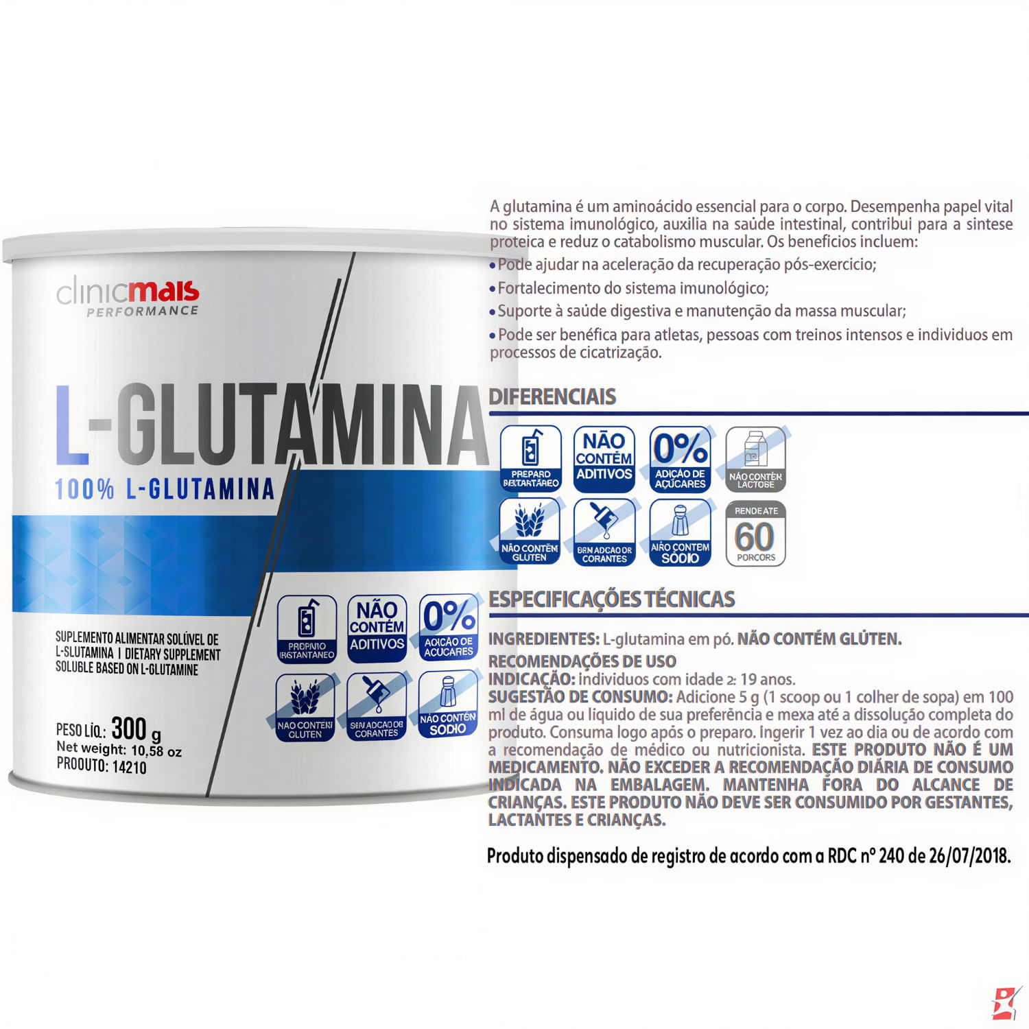 L-glutamina Clinicmais Sem Sabor 300g
